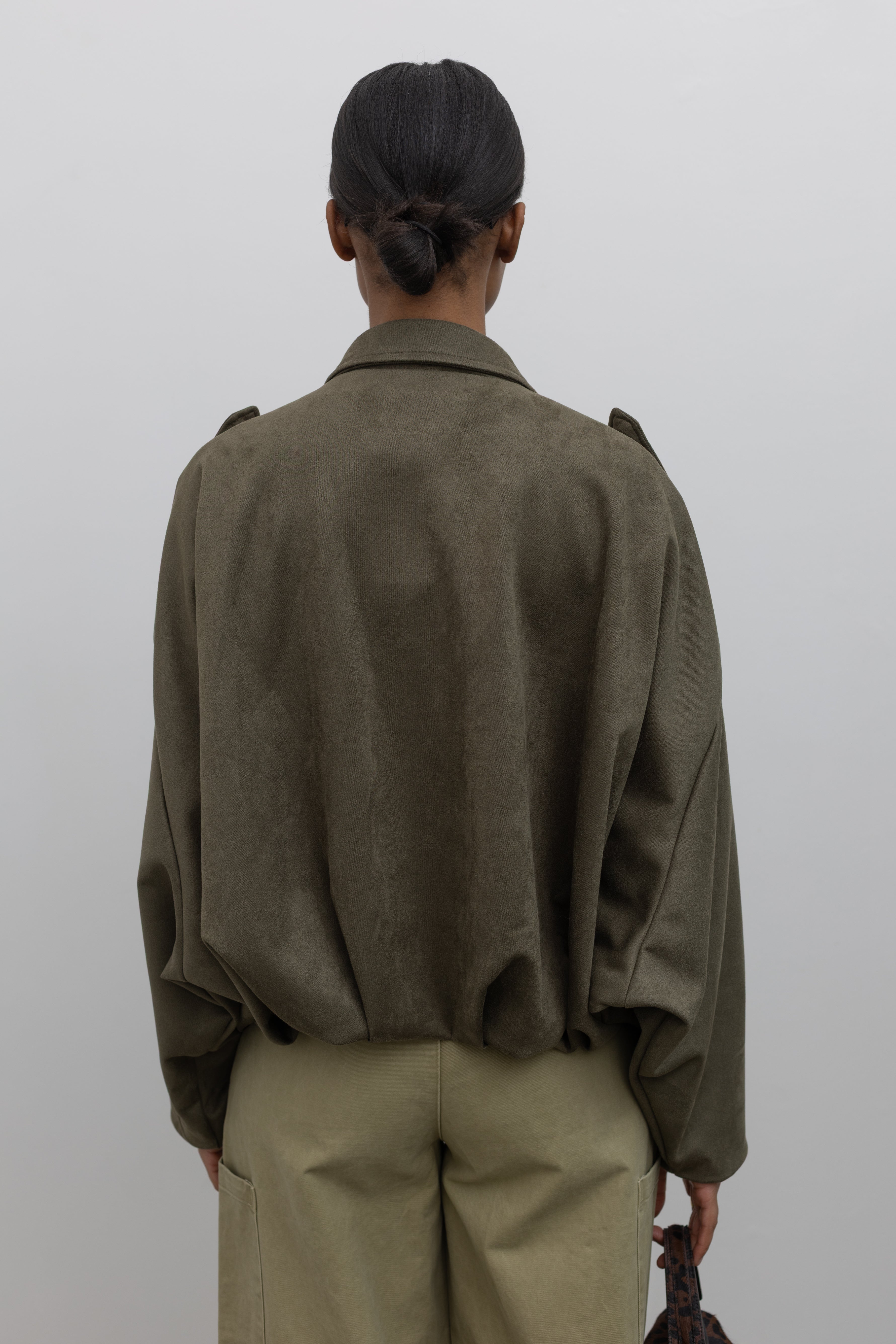 Olive Green Suede Rounded Bomber Jacket