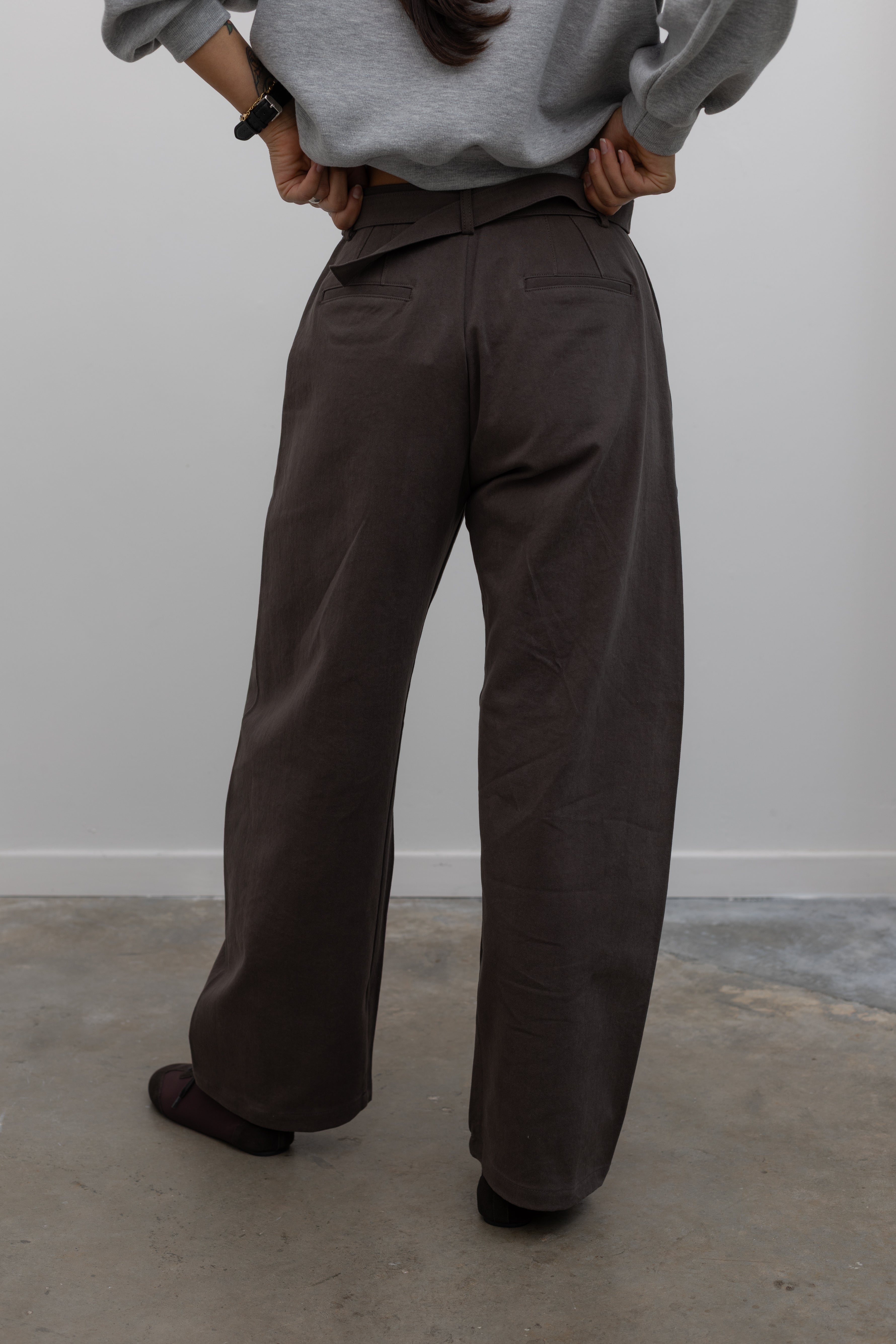 Brown Curved Belted Chino Pants