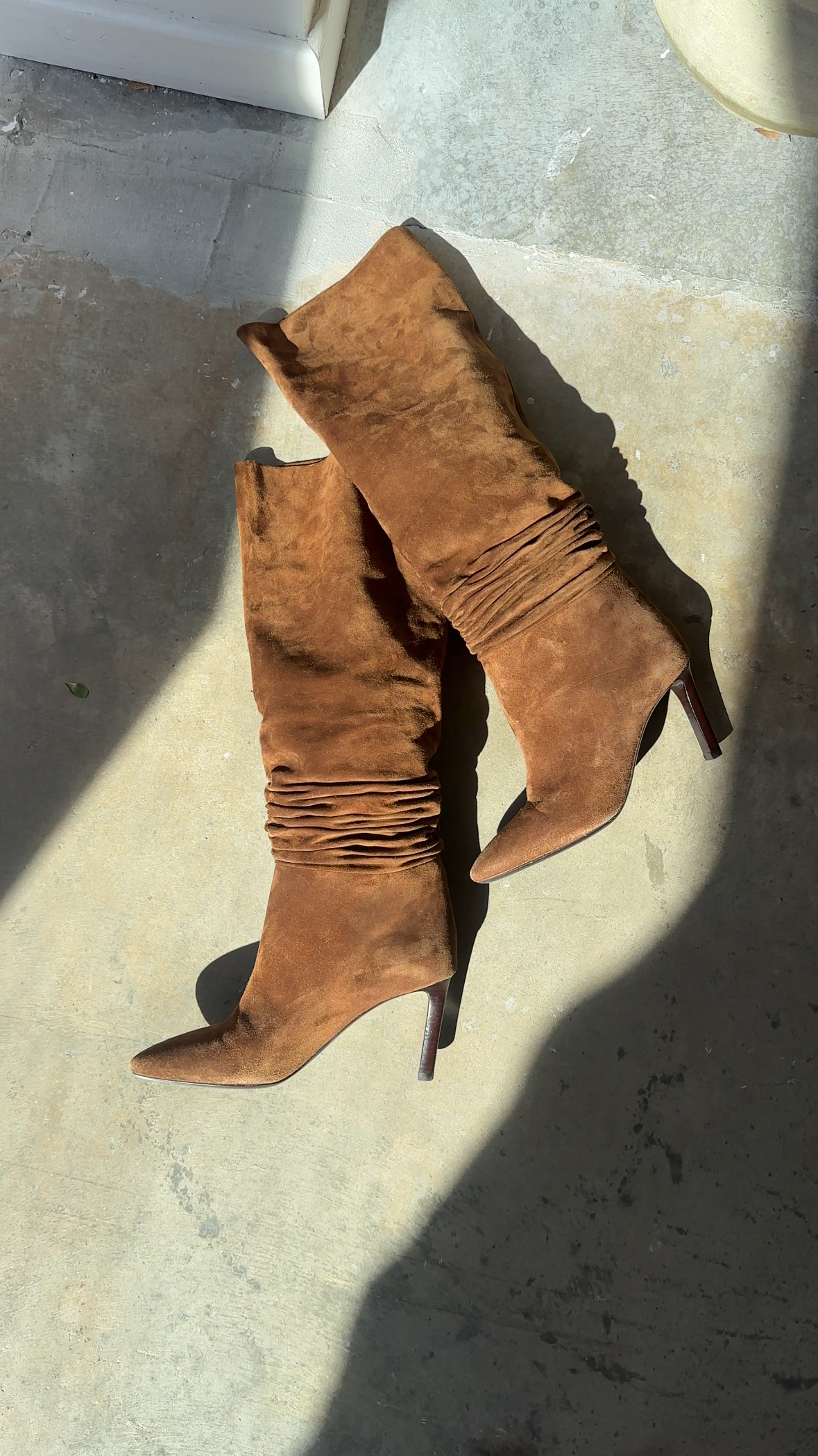 Saint Laurent Brown Ruched Suede Heeled Boots