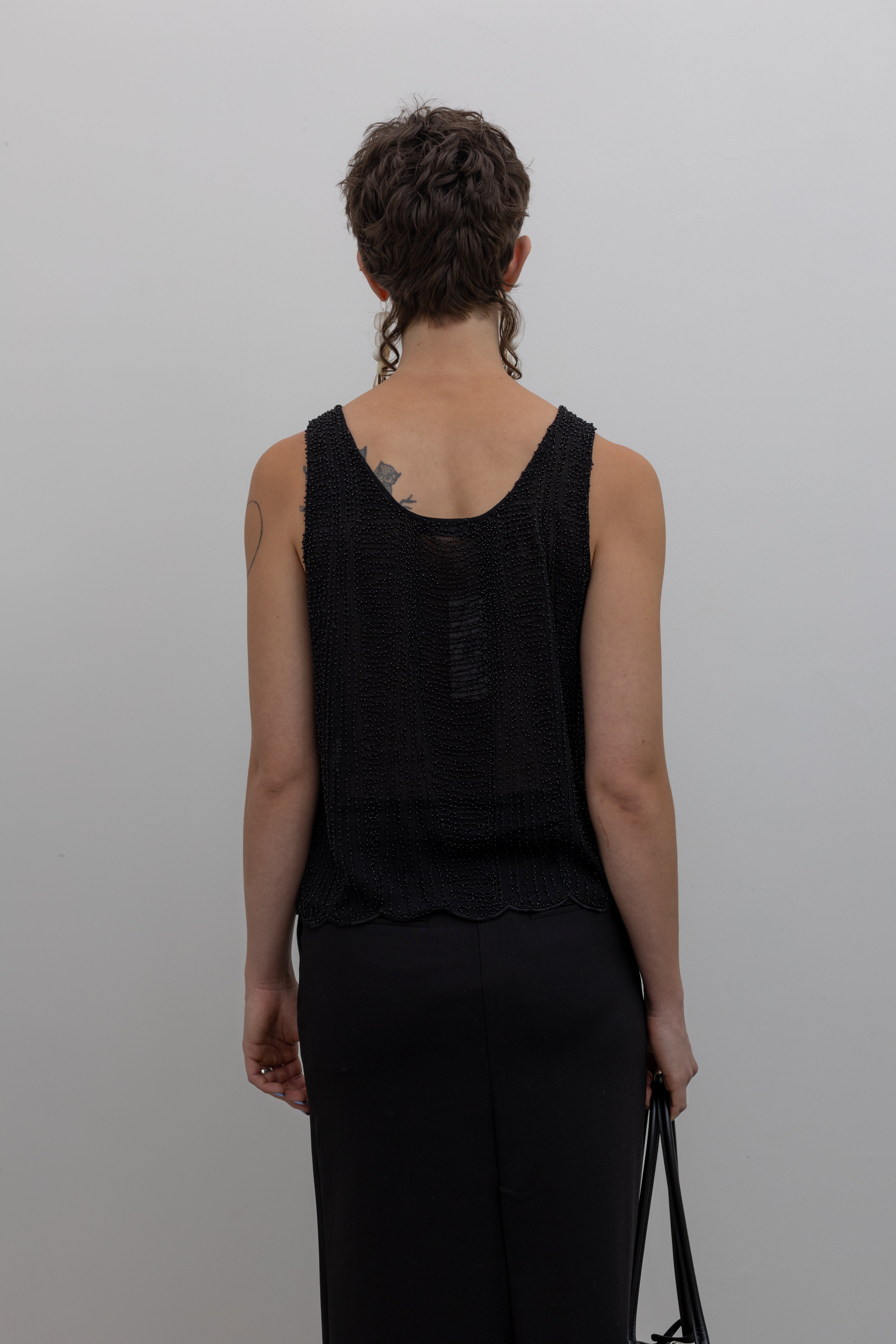 Black Beaded Scallop Hem Top