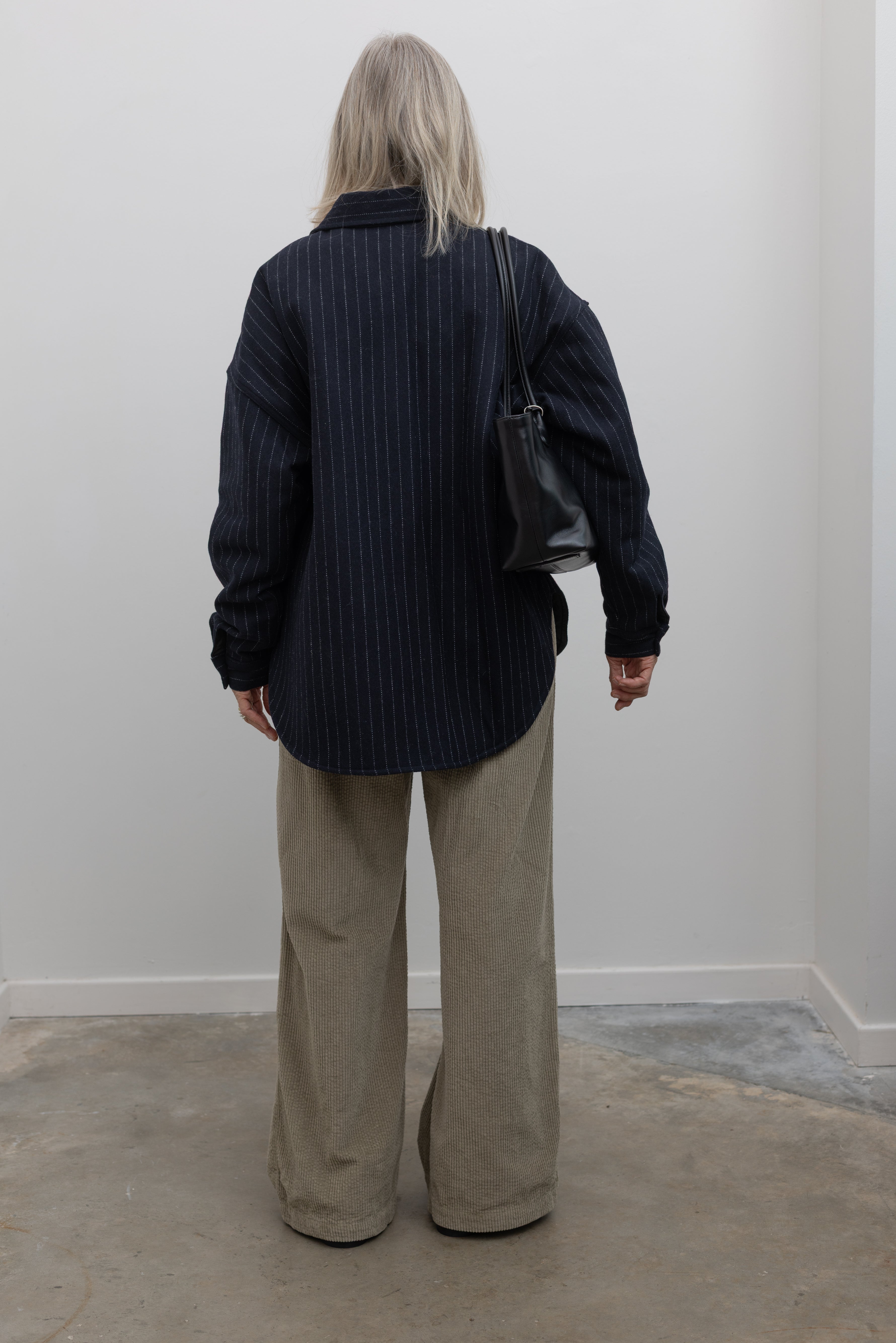 Navy Wool Stripe Quilted Oversized Jacket