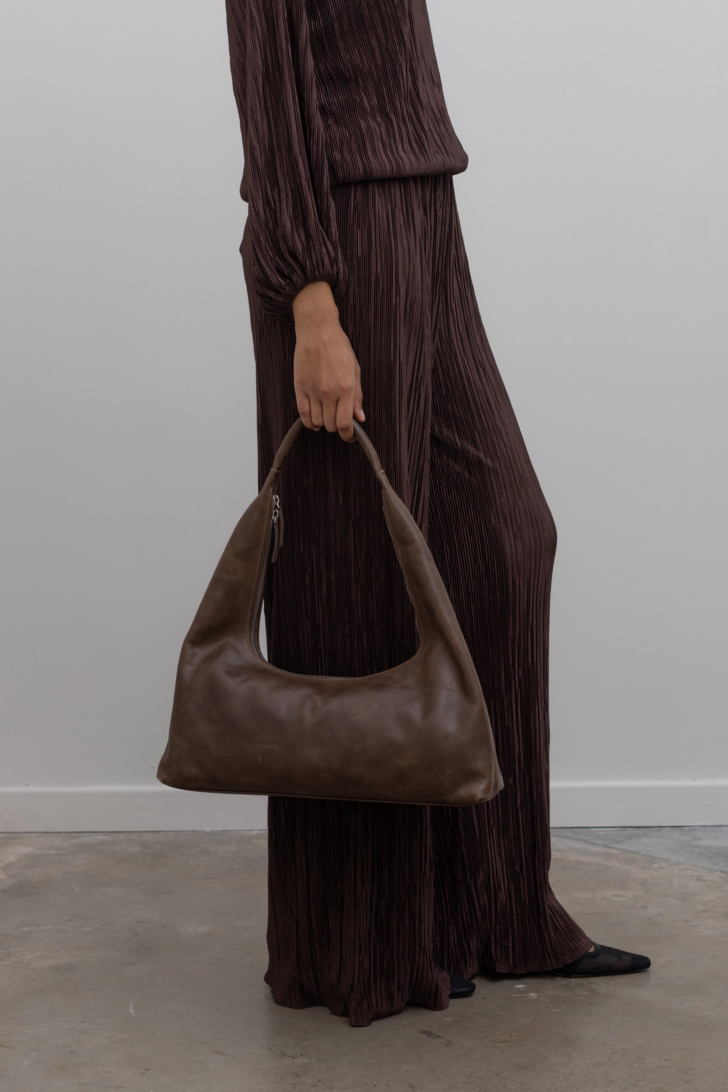 Brown Plisse Lined Straight Leg Pants