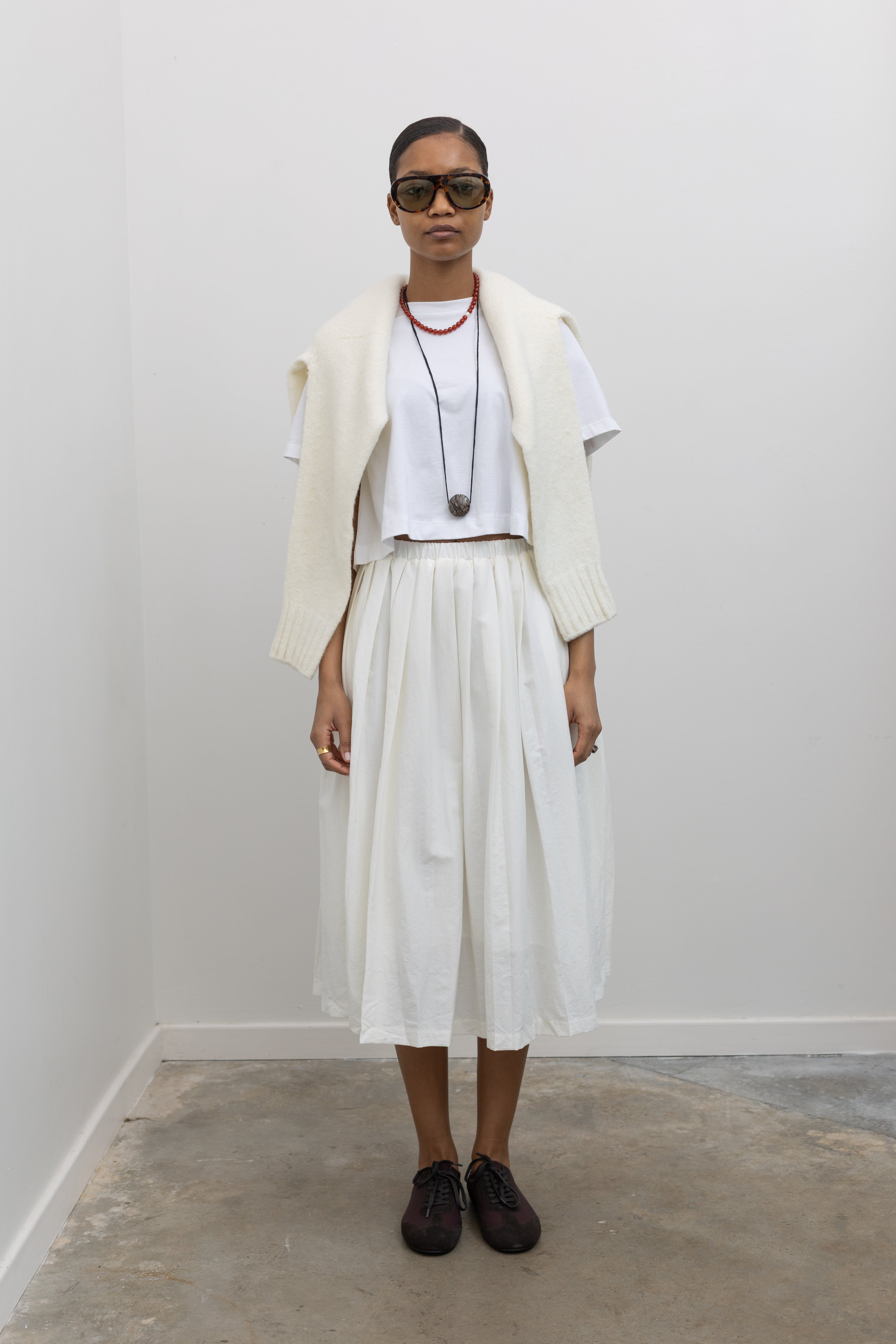 White Nylon Pleated Midi Skirt