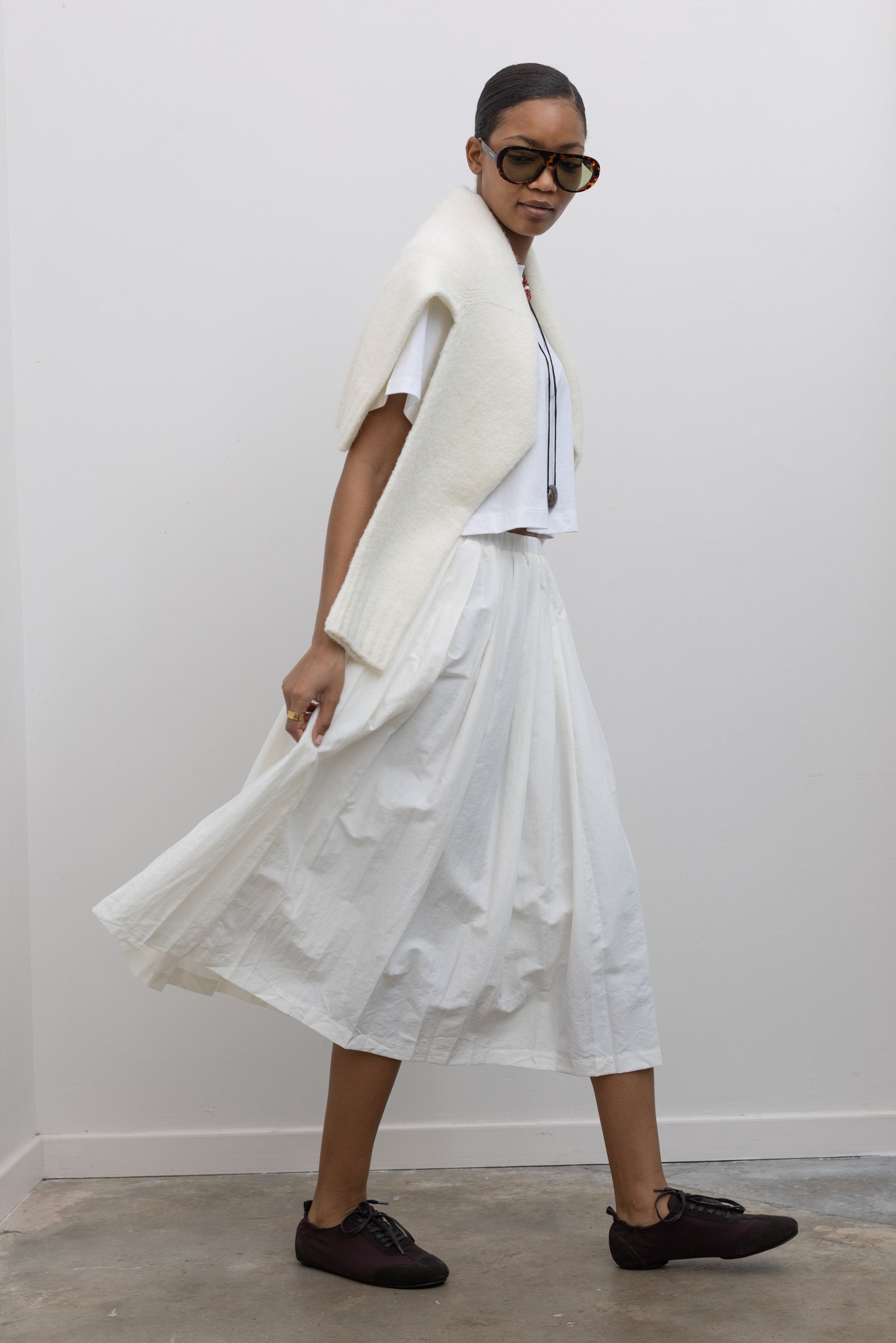 White Nylon Pleated Midi Skirt