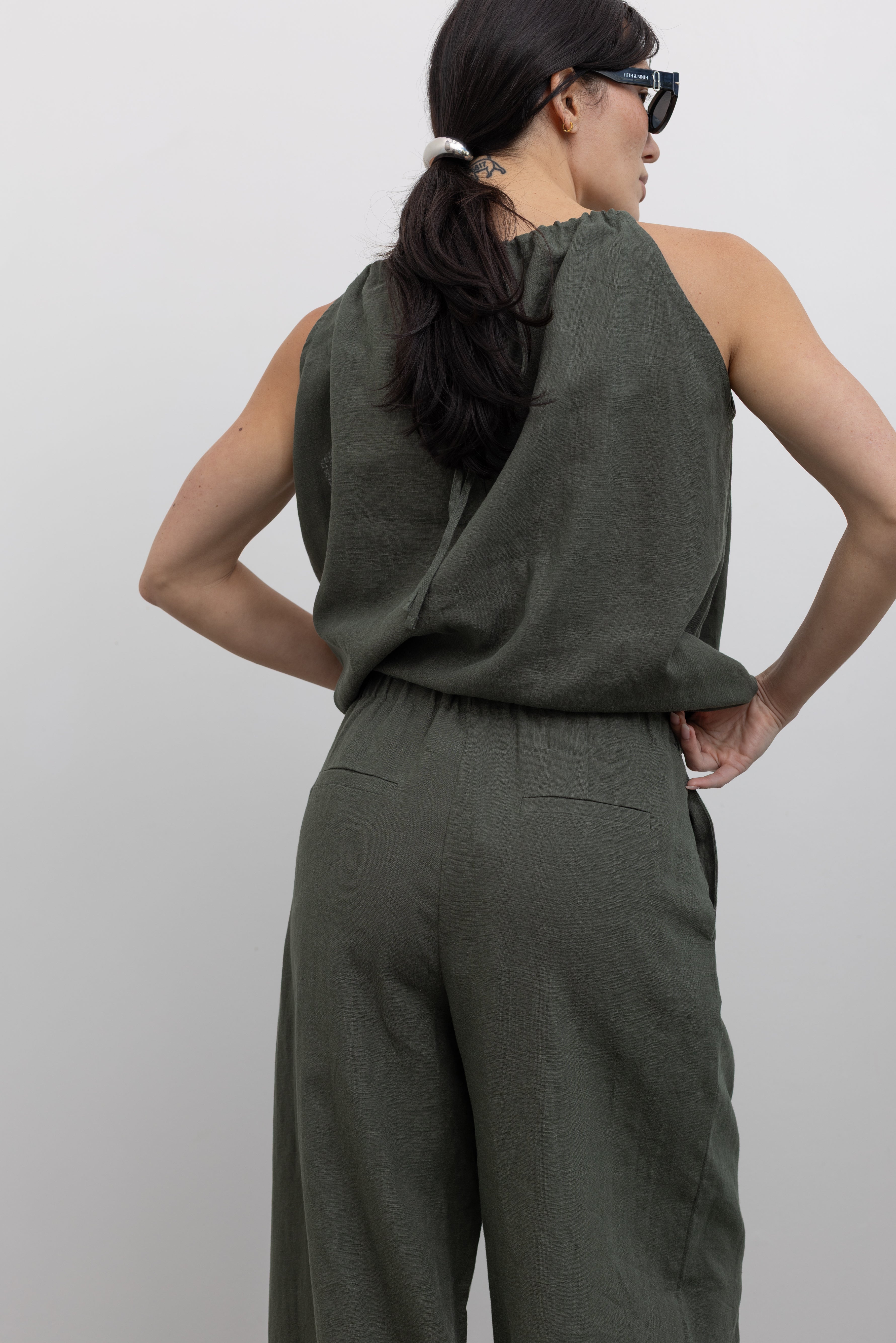 Olive Green Wide Leg Pleated Cotton Pants