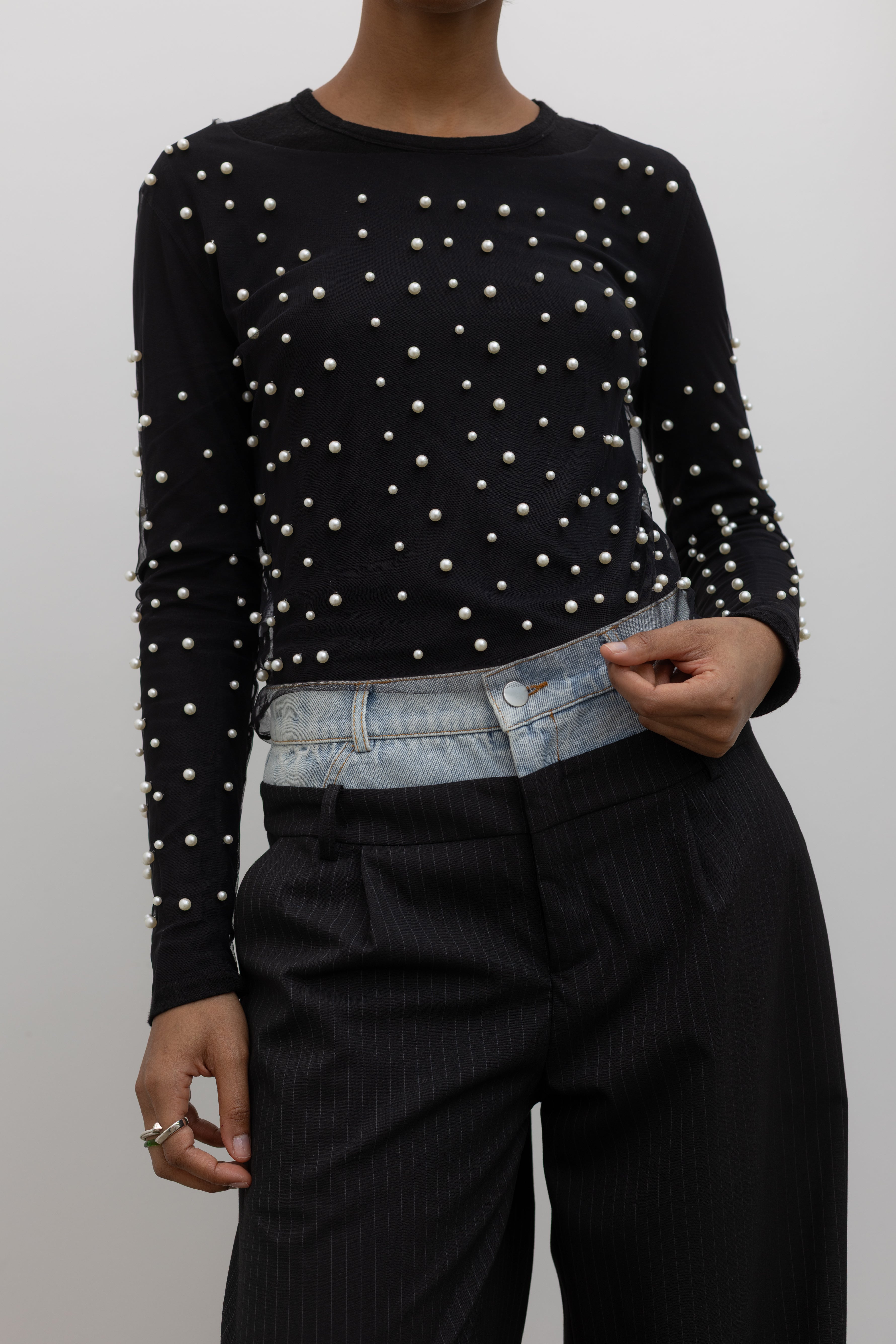 Black Mesh And Pearl Embellished Top