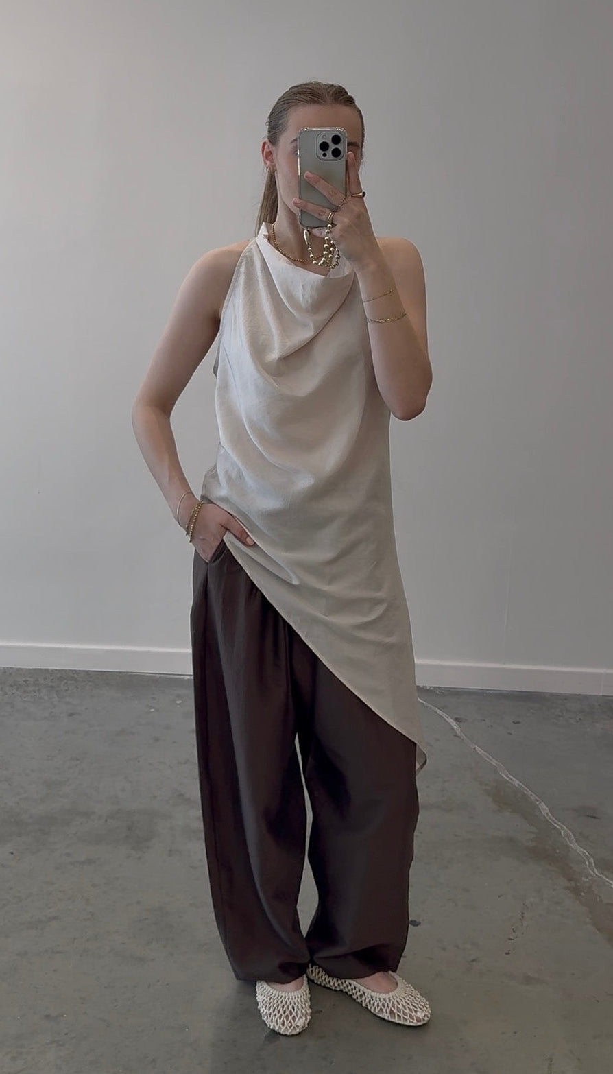 Beige Satin Cowl Asymmetrical Top