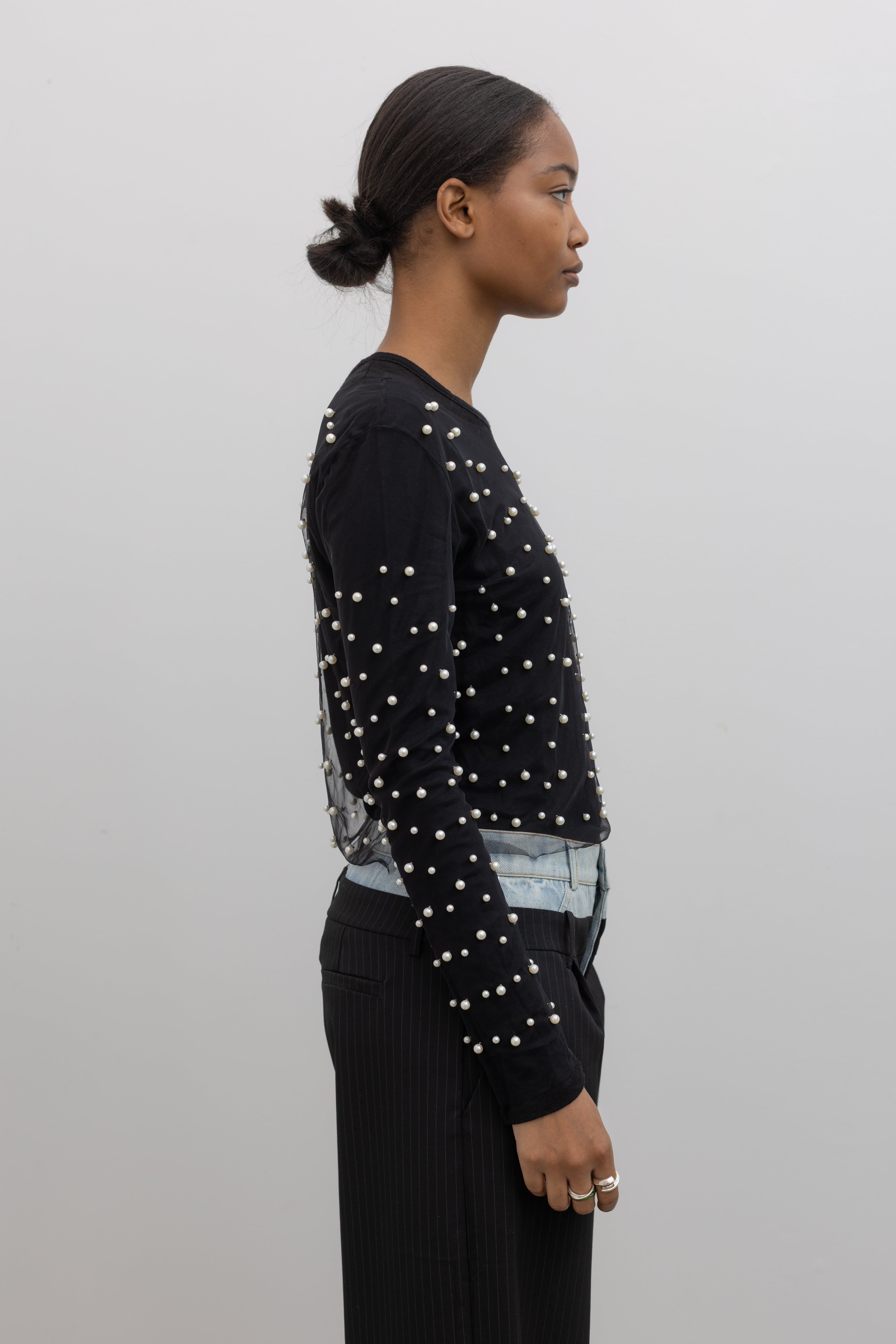 Black Mesh And Pearl Embellished Top