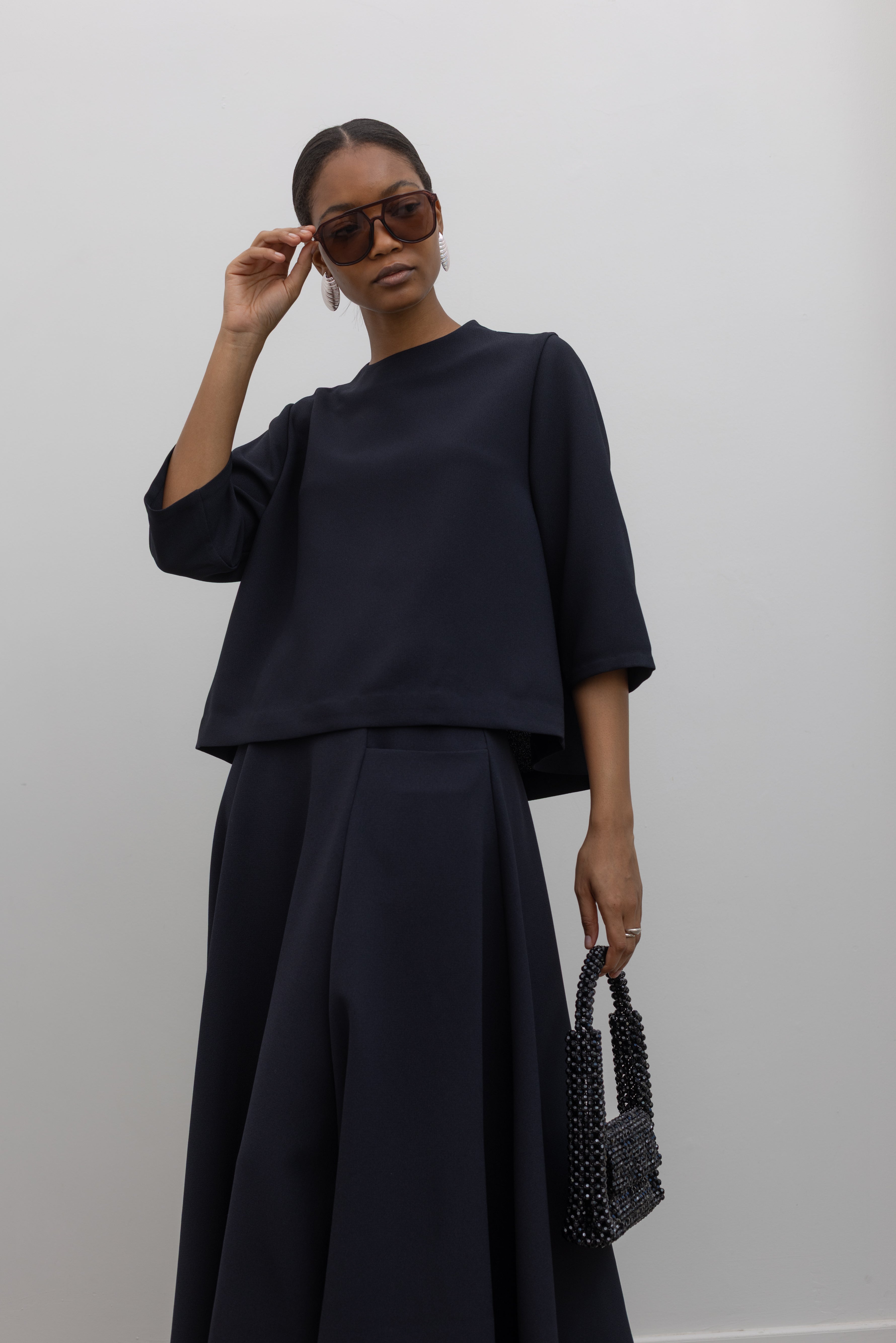 Dark Blue Marya High Collar A-line Top