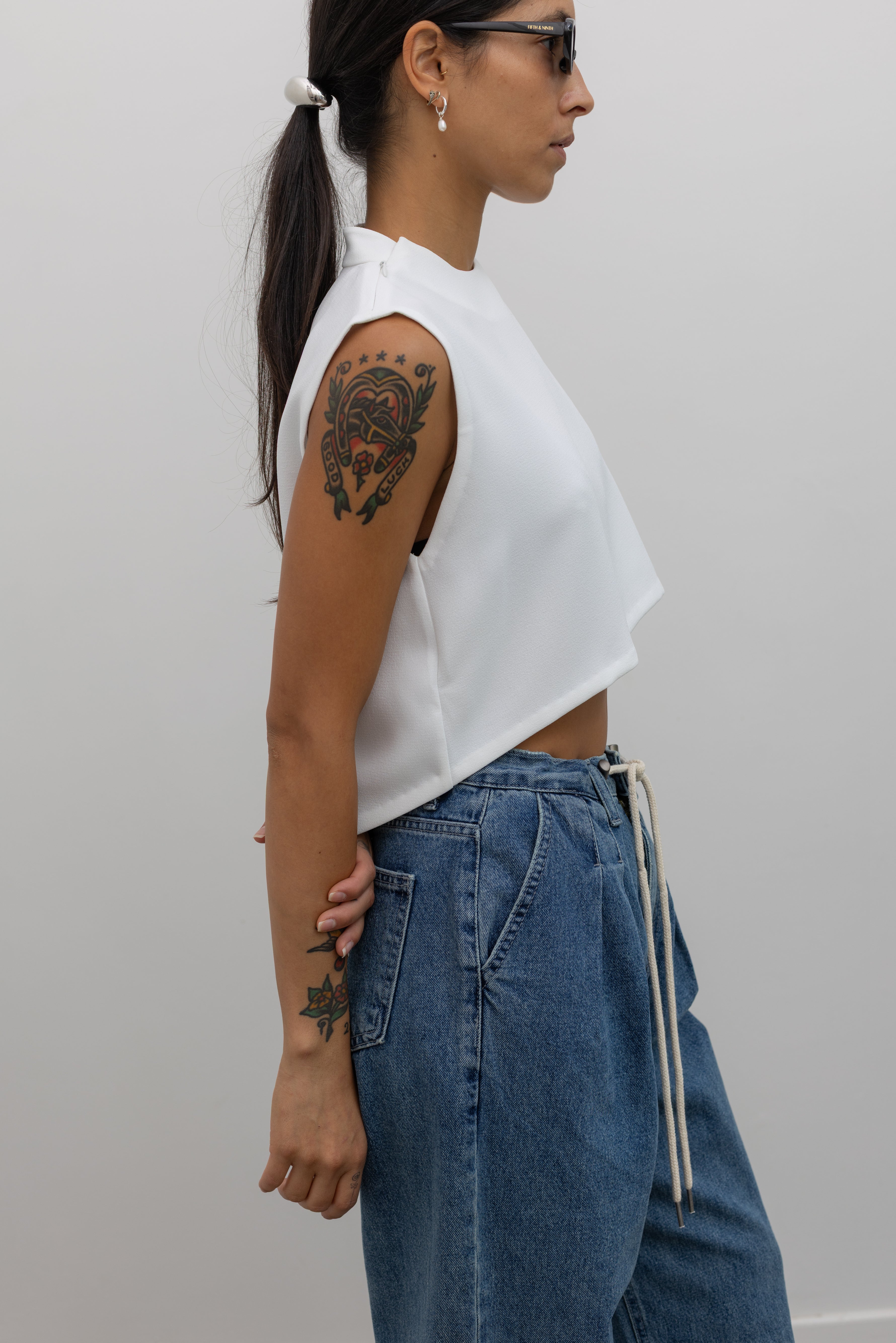 White Raised Collar Wind Chime Cropped Top