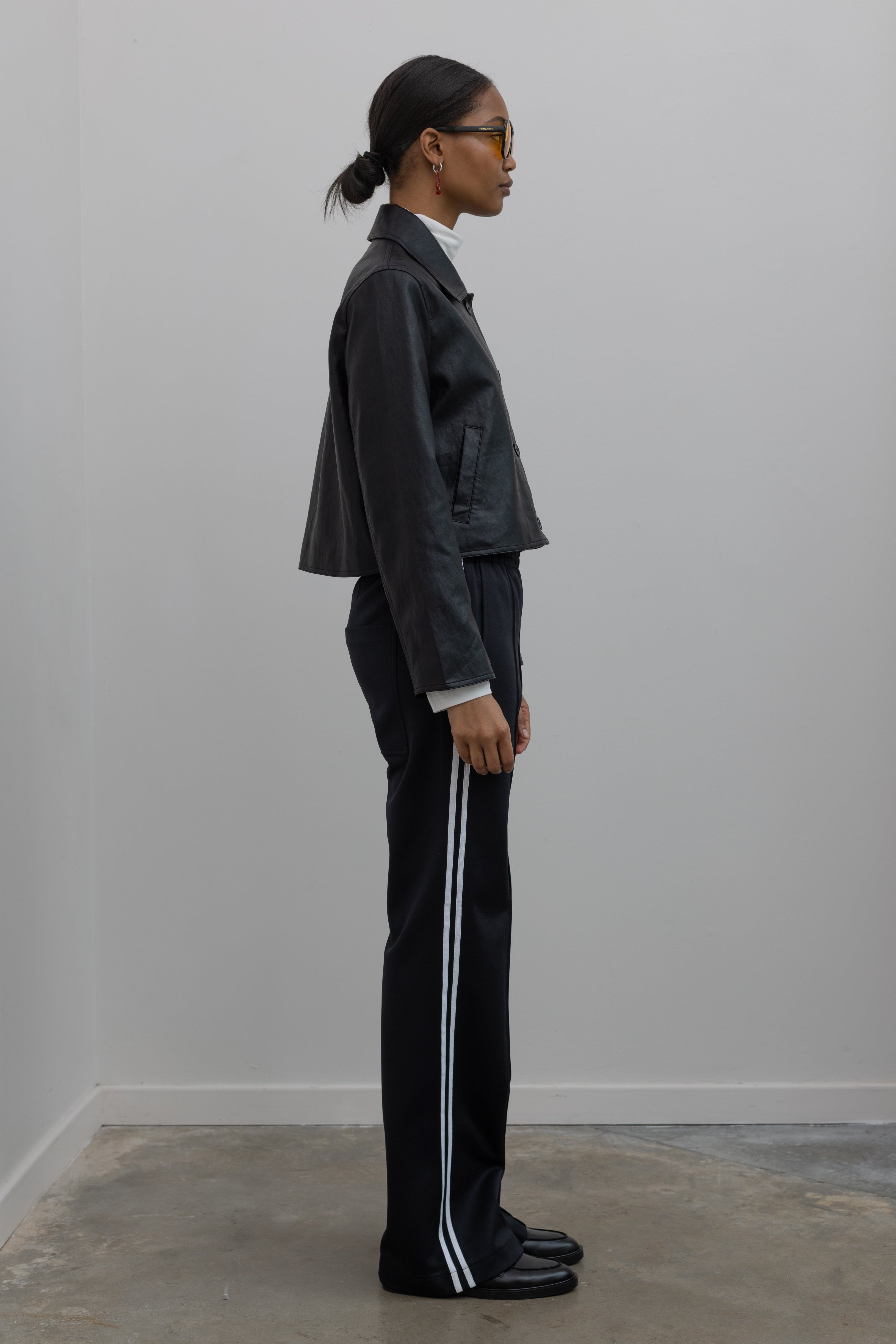 Black Cropped Vegan Leather Collared Jacket