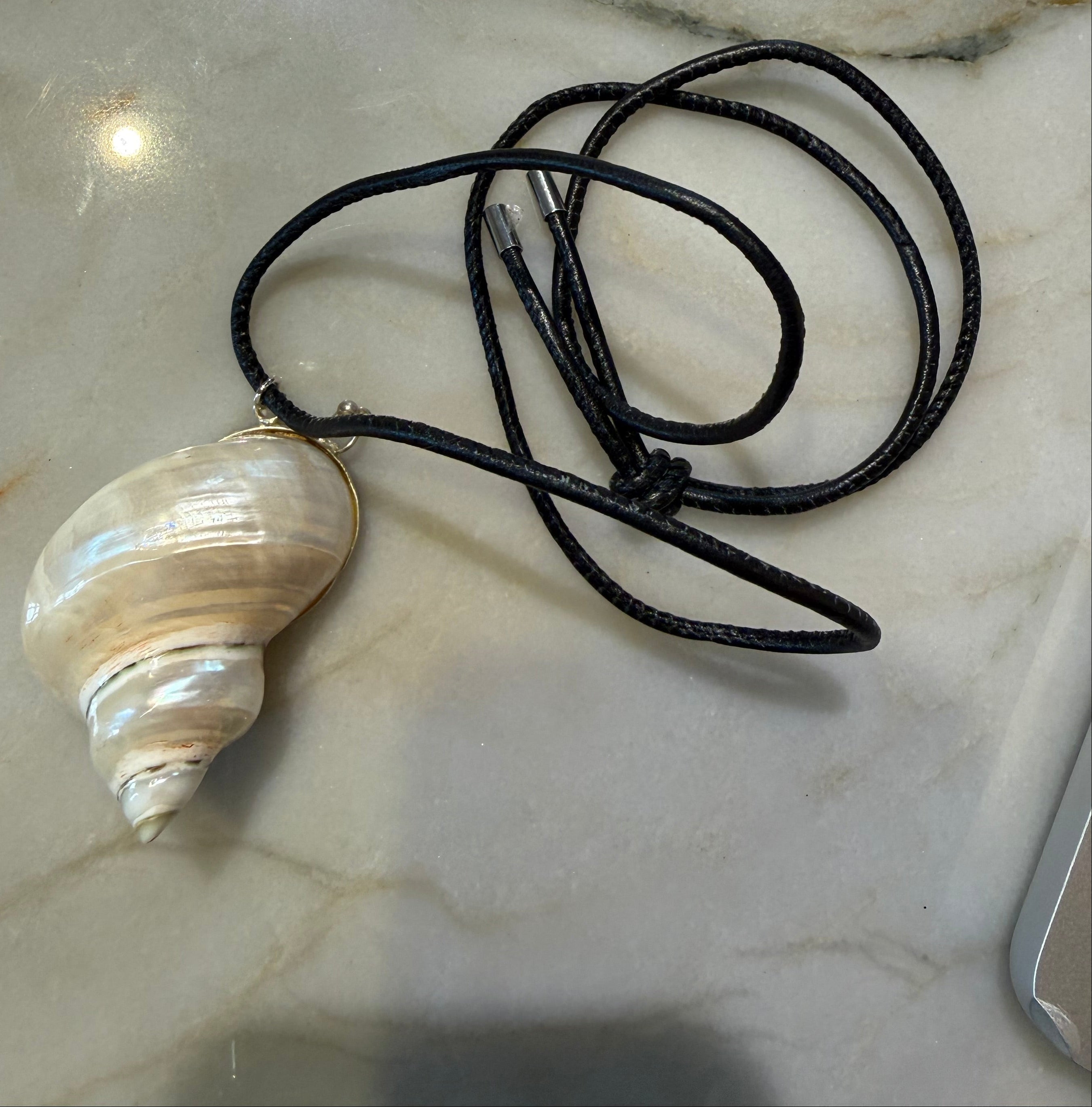 Black Leather Cord And Shell Locket