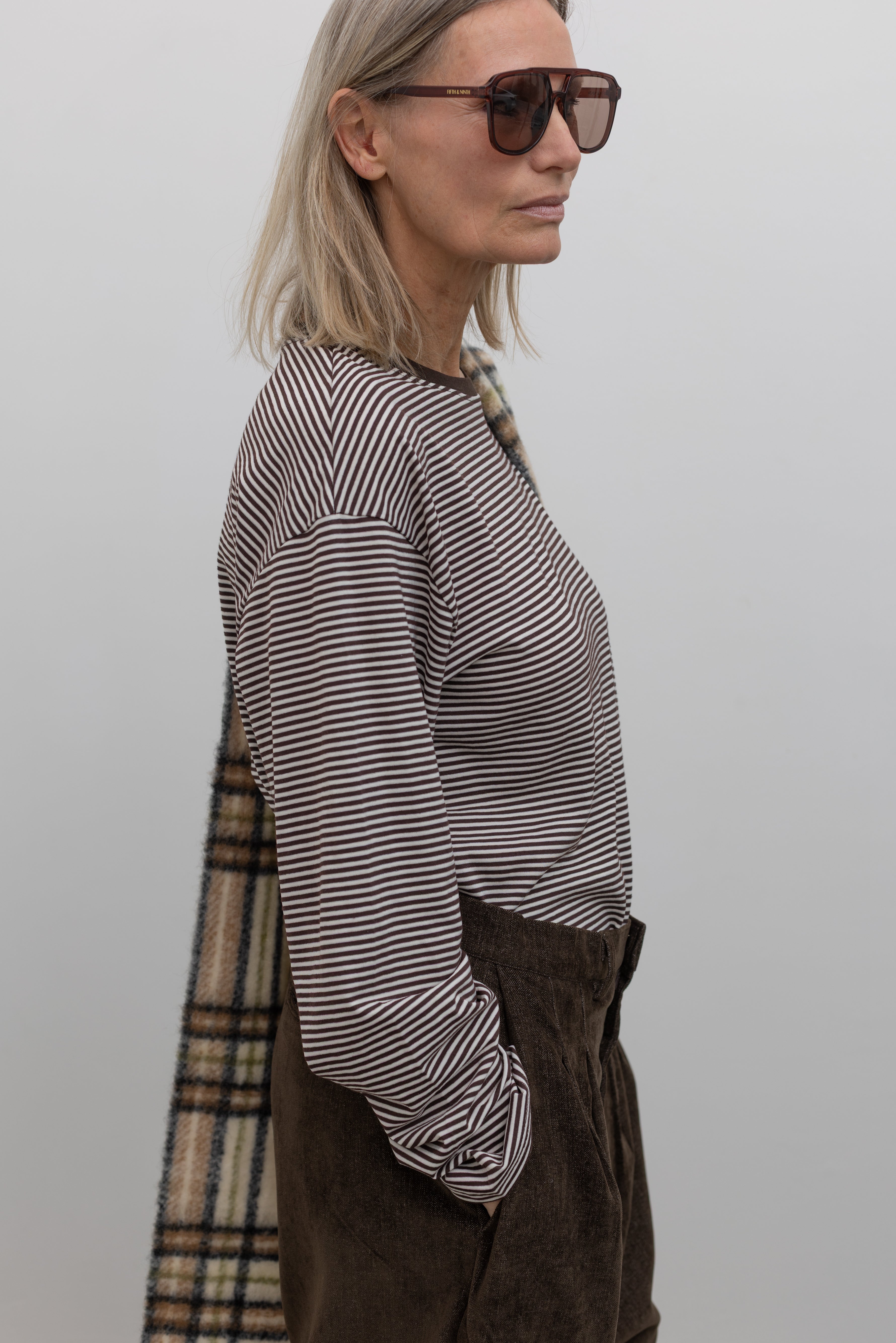 Dark Brown Cotton Oversized Stripe Long Sleeve Top