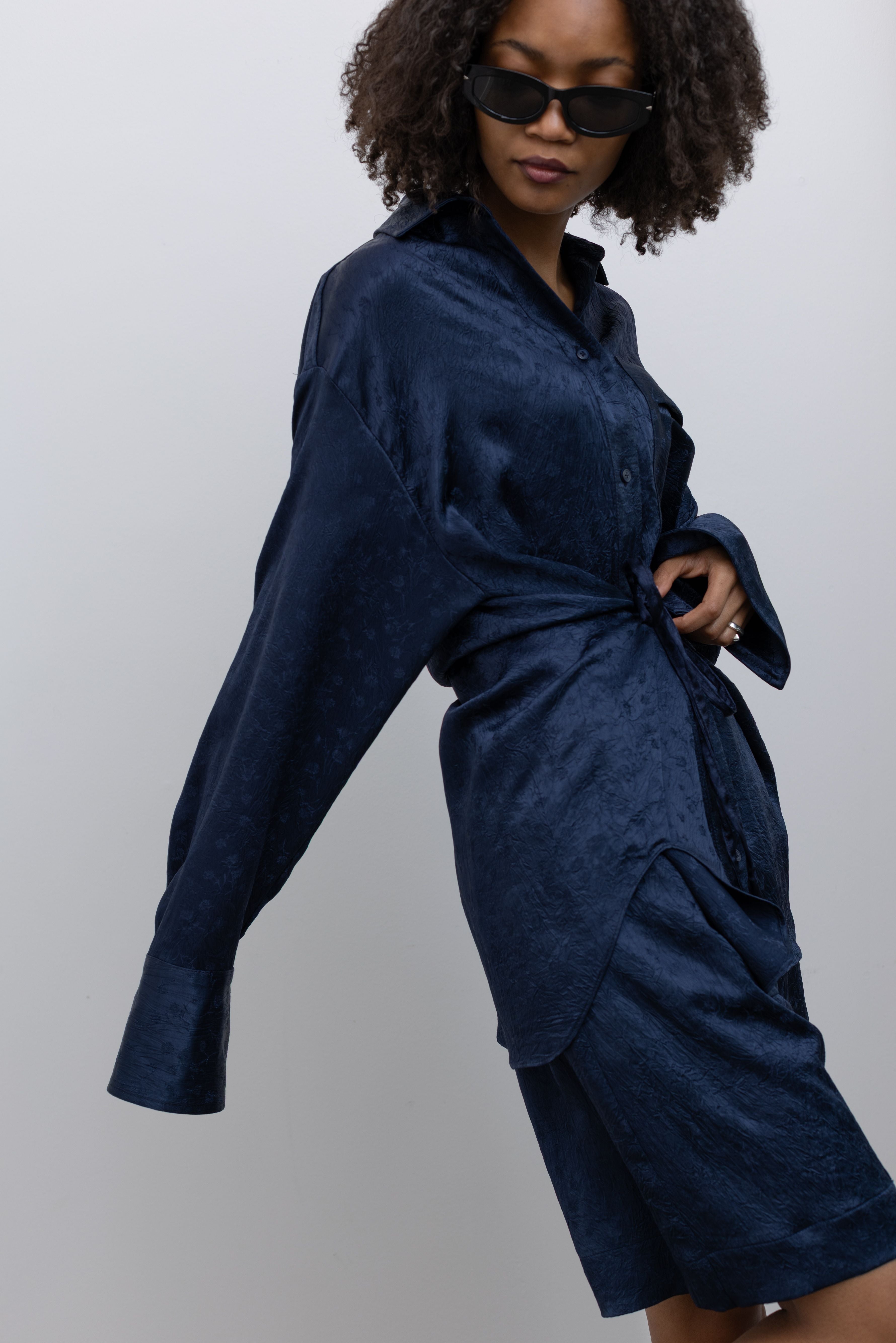 Ink Floral Jacquard Oversized Pocket Shirt with Ties