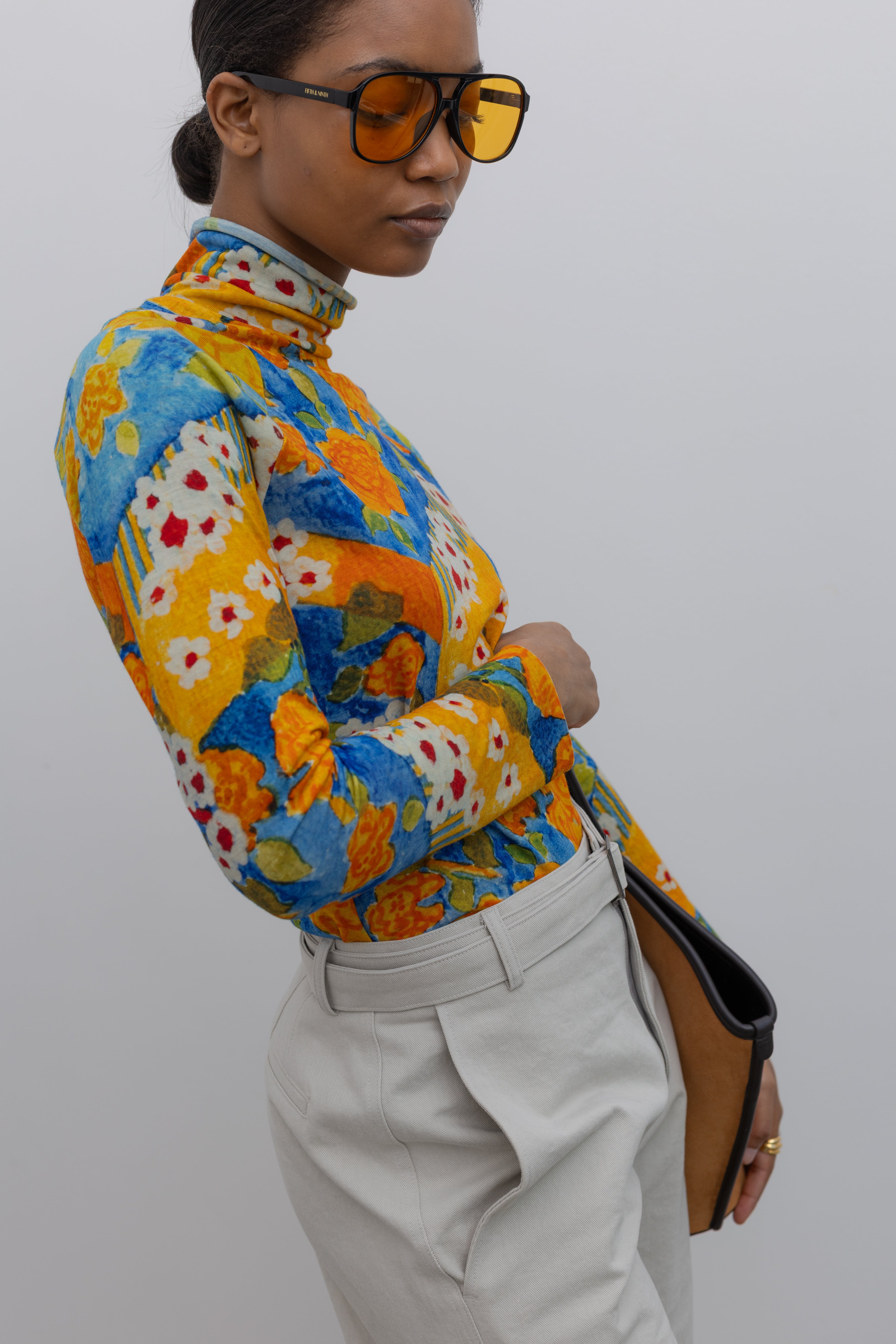 Wool Floral Turtleneck Top