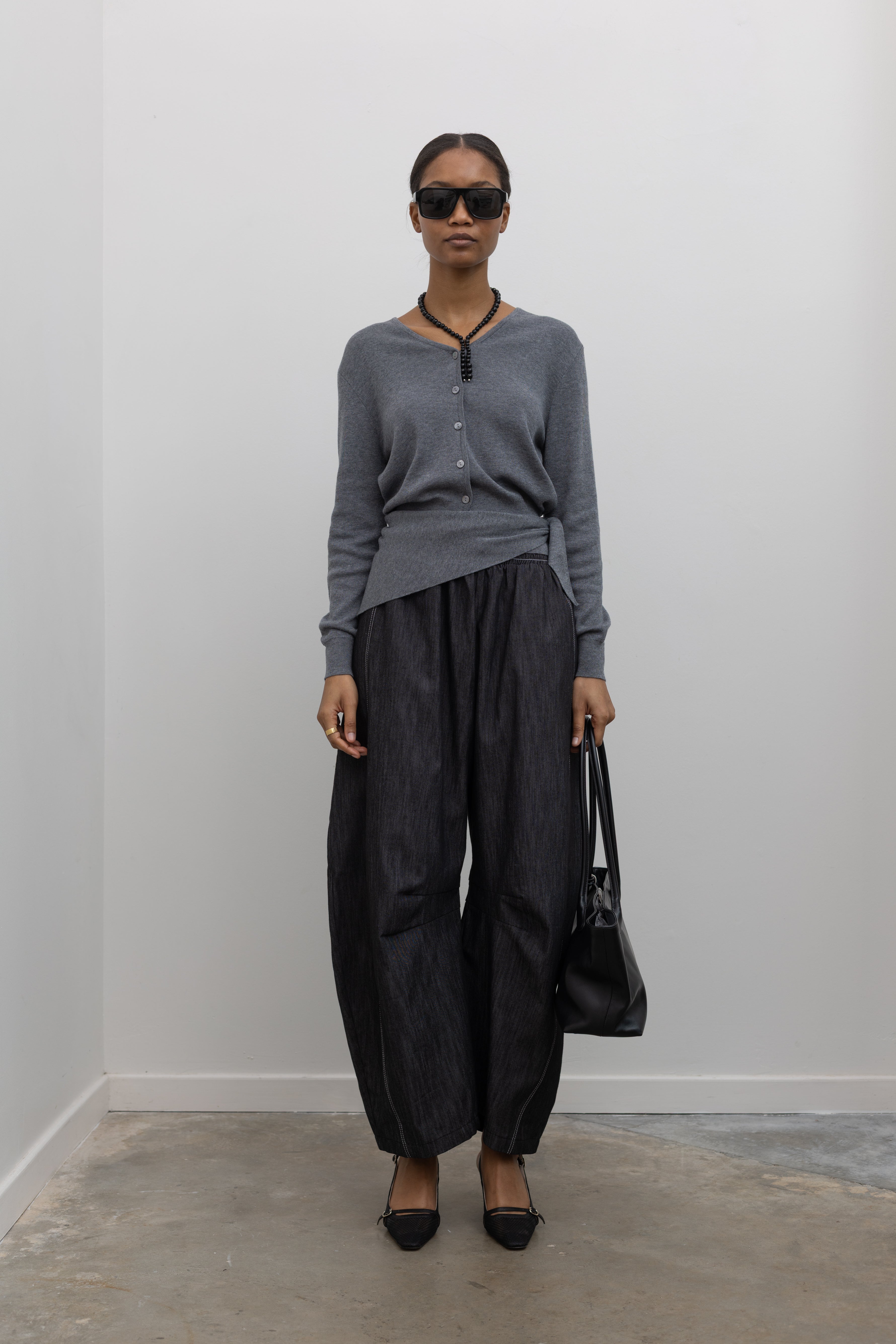 Grey V-Neck Cardigan with Detachable Shawl