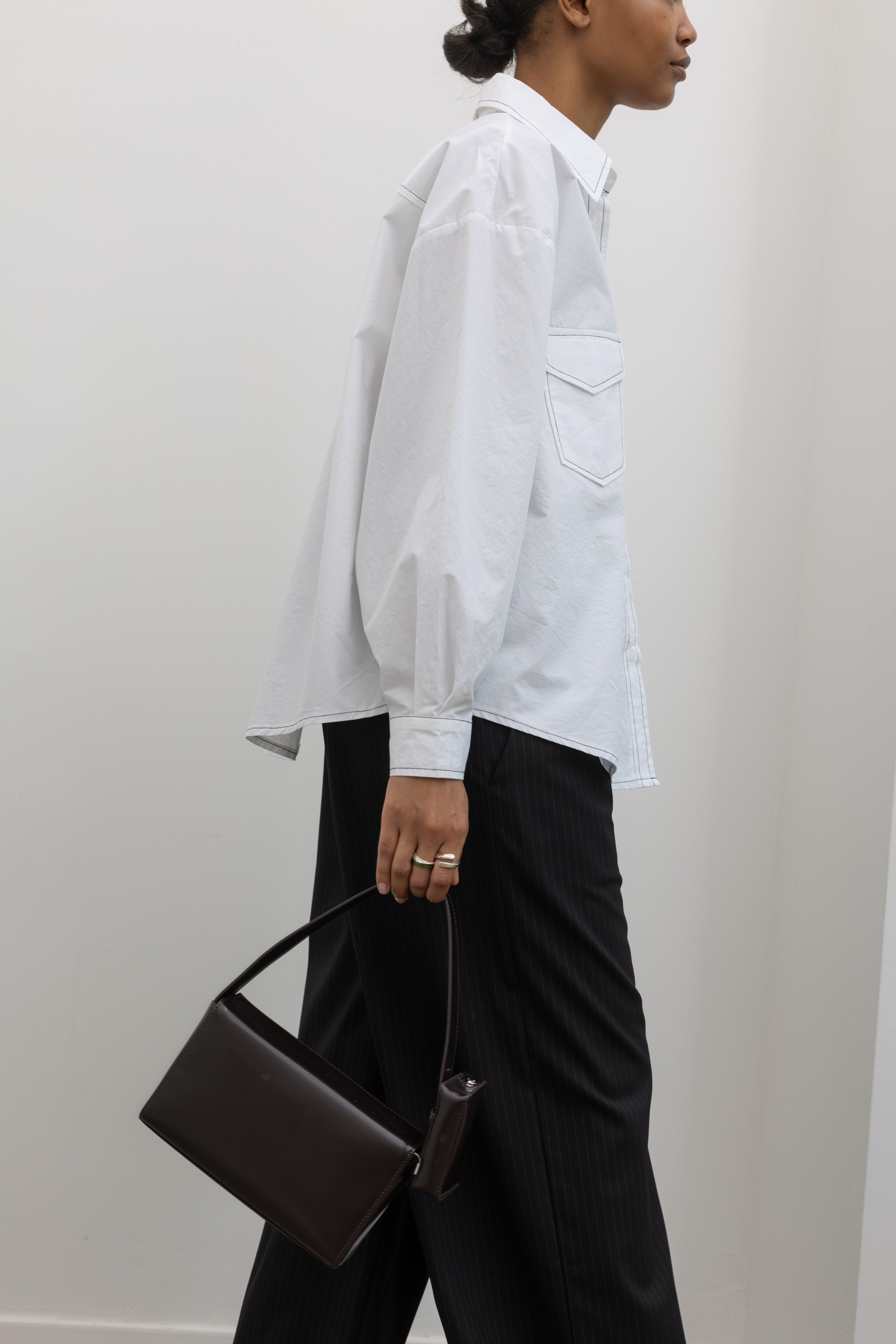 White Contrast Stitch Oversized Button Down