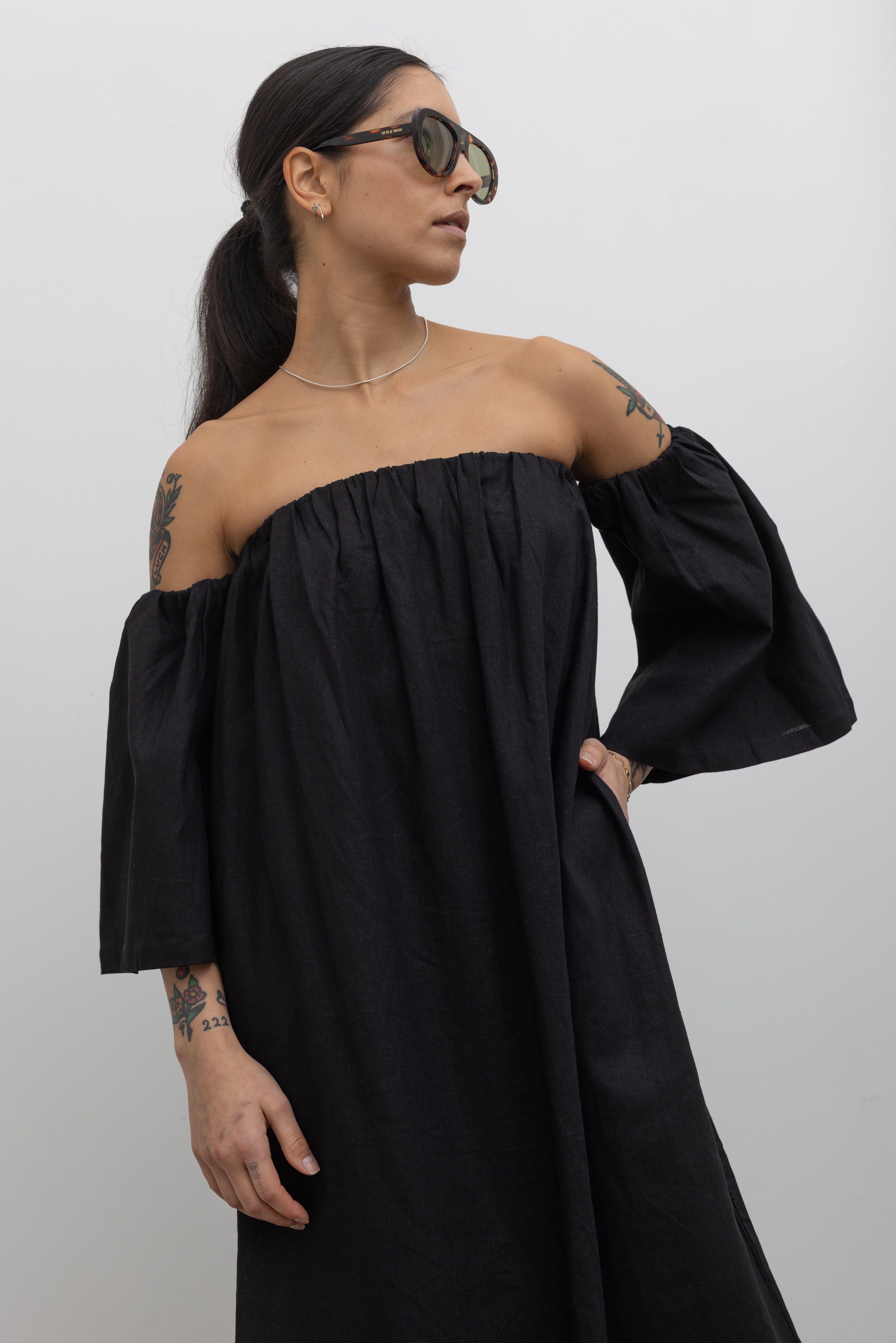 Black Linen Off The Shoulder Midi Dress