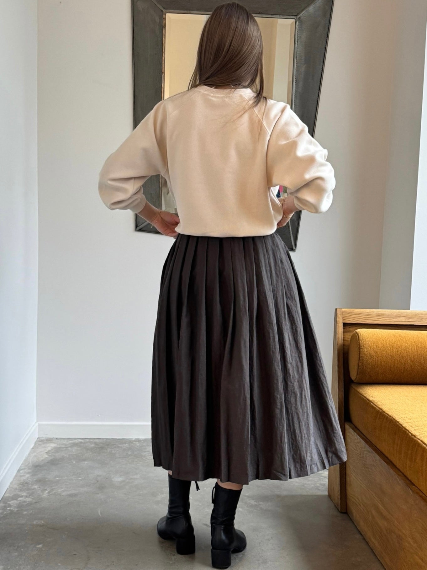 Brown Nylon Pleated Full Skirt