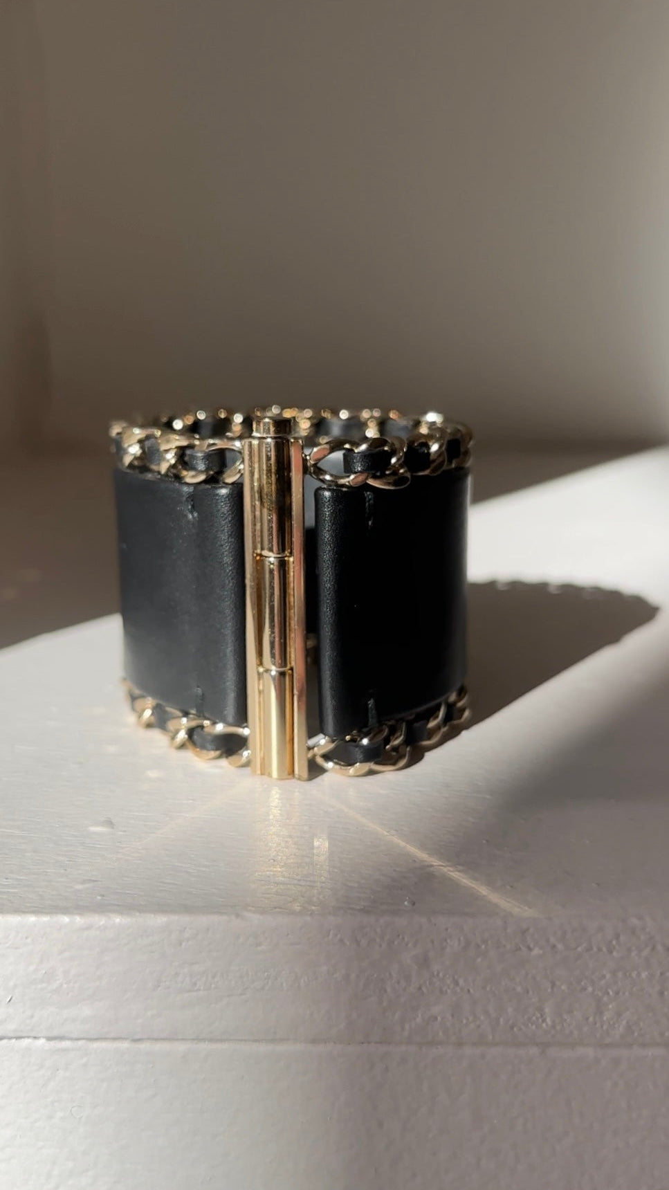 Chanel Black Leather Chain Cuff Bracelet