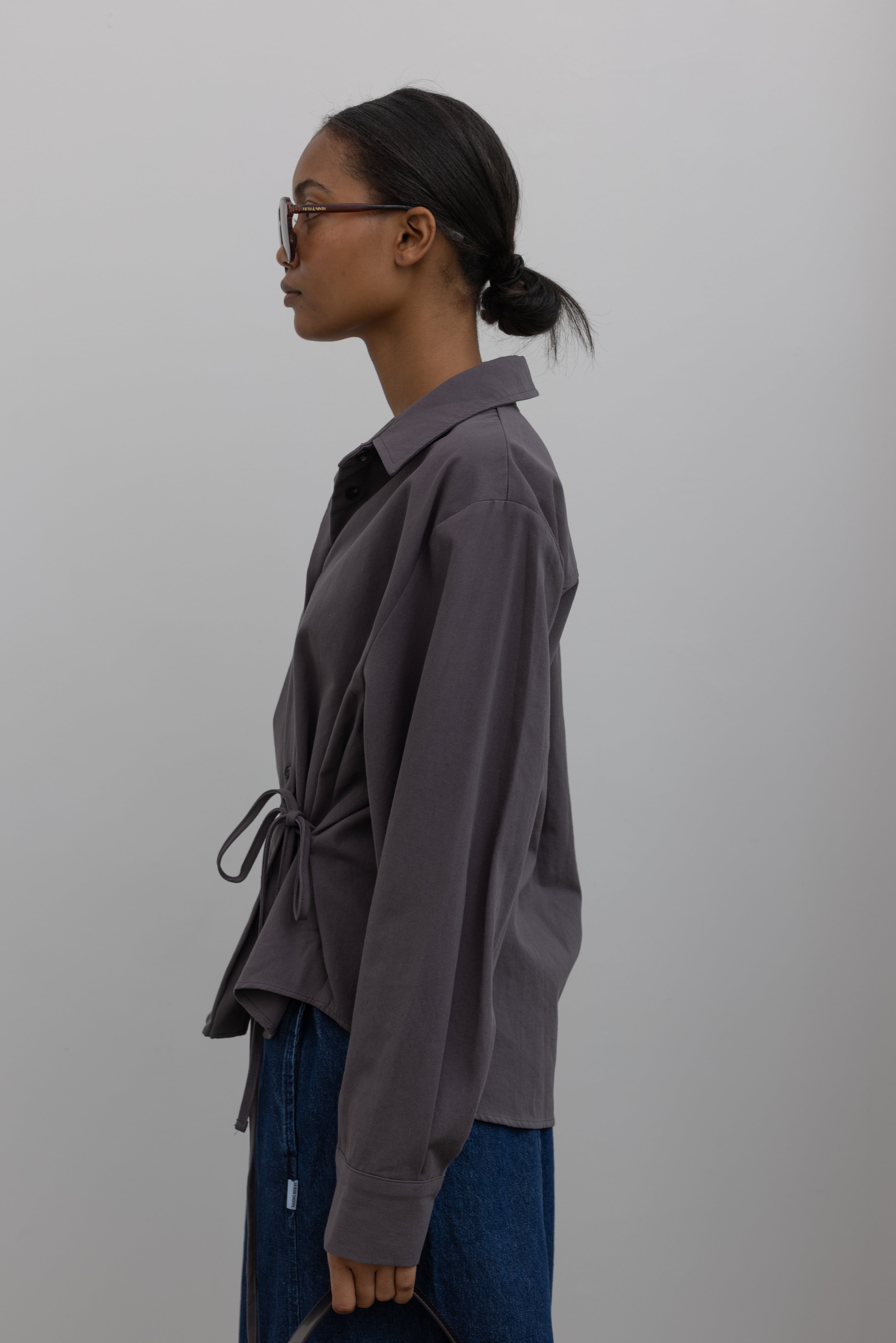 Cinder Side Tie Button Down Top