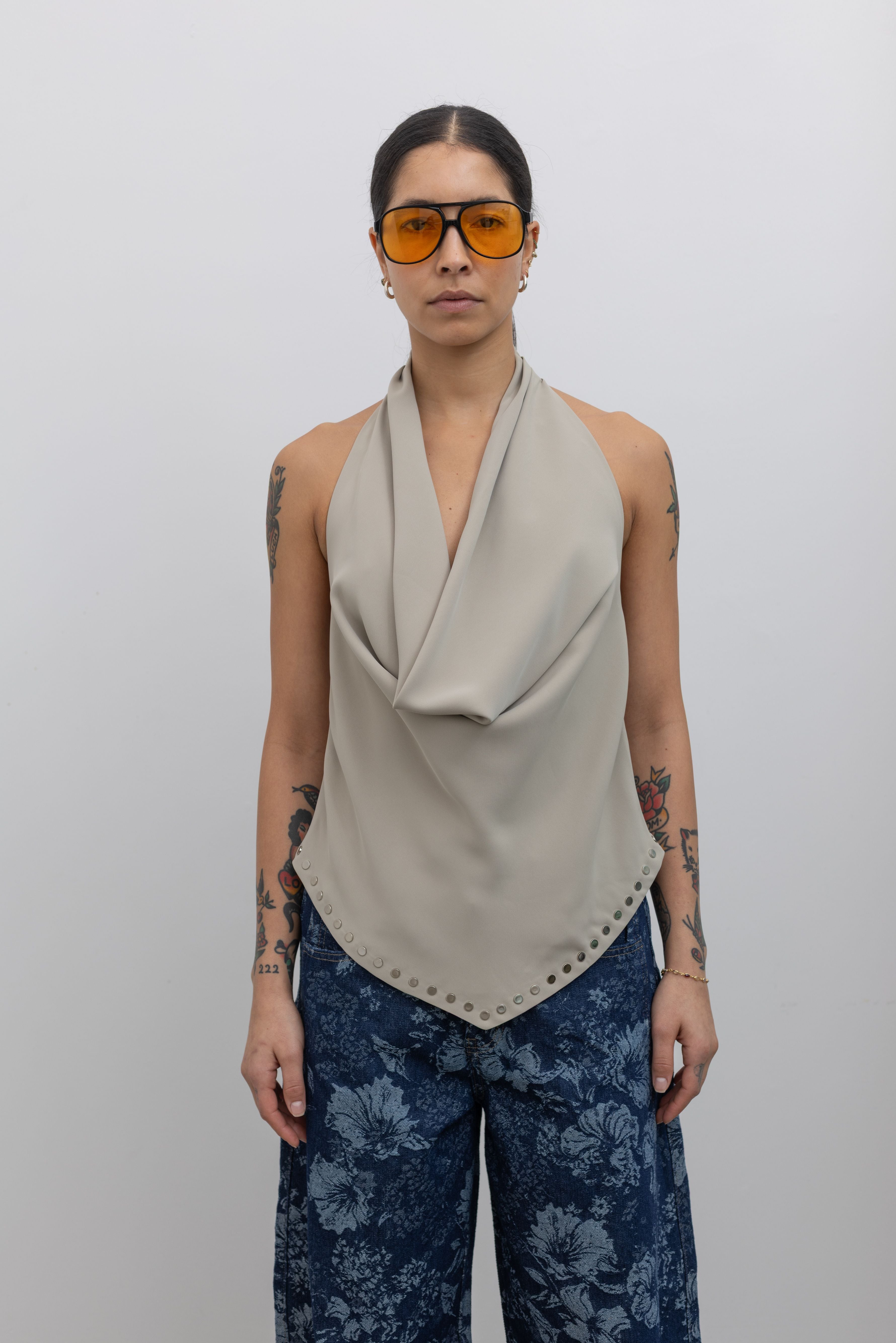 Beige Studded Halter Neck Top