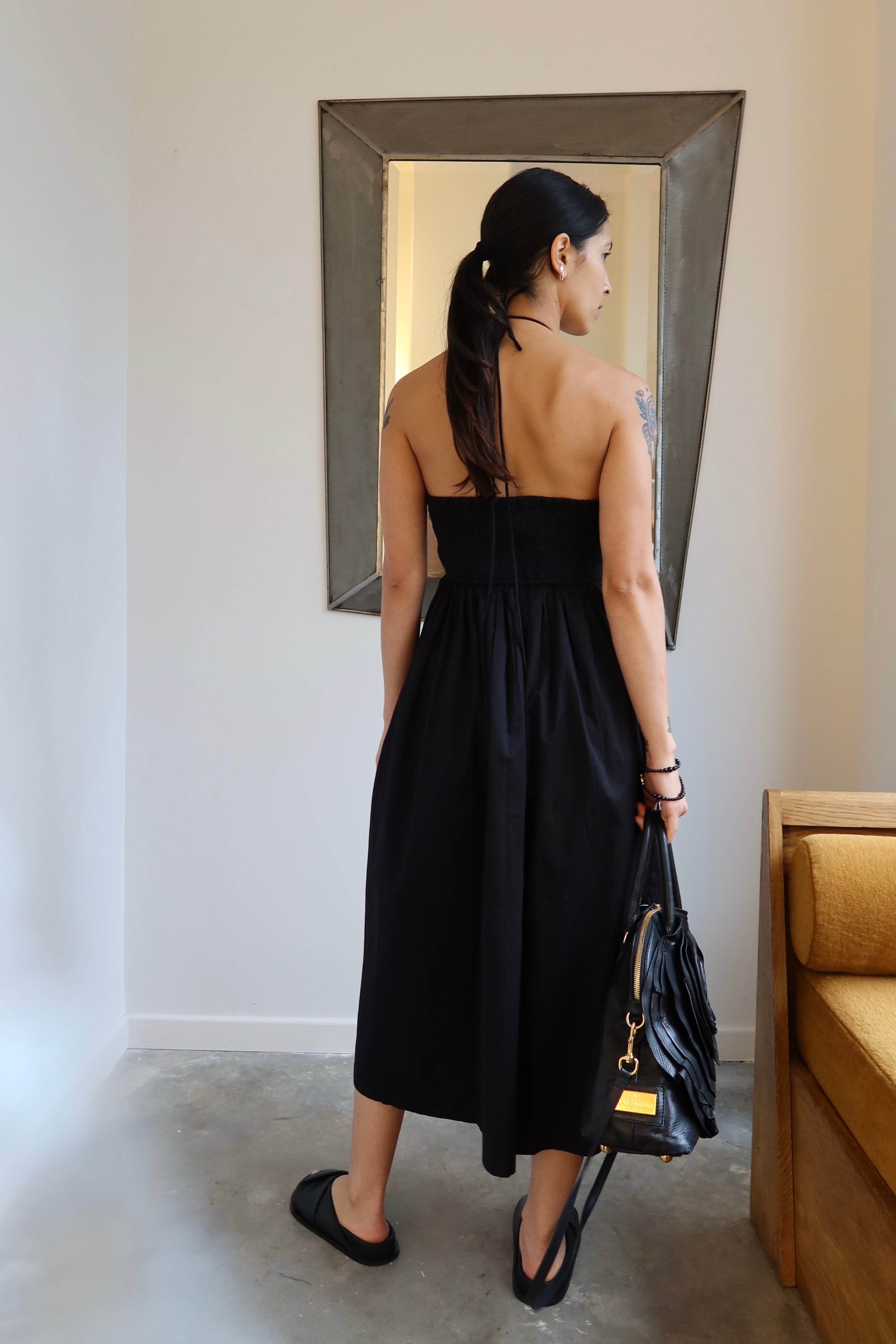 Black Organic Cotton Halter Midi Dress