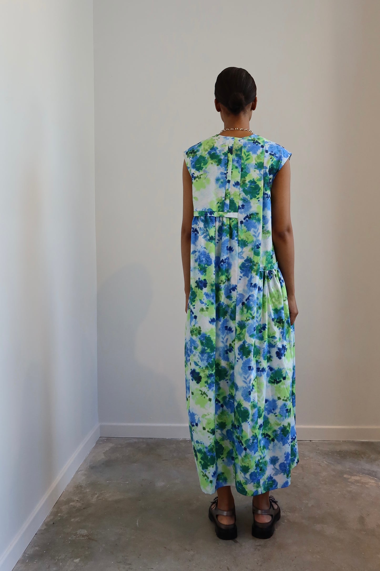 Green And Blue Marigold Cotton Print Midi Dress