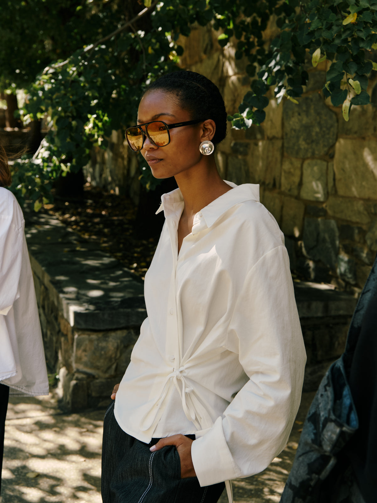 White Cotton Side Tie Button Down Top