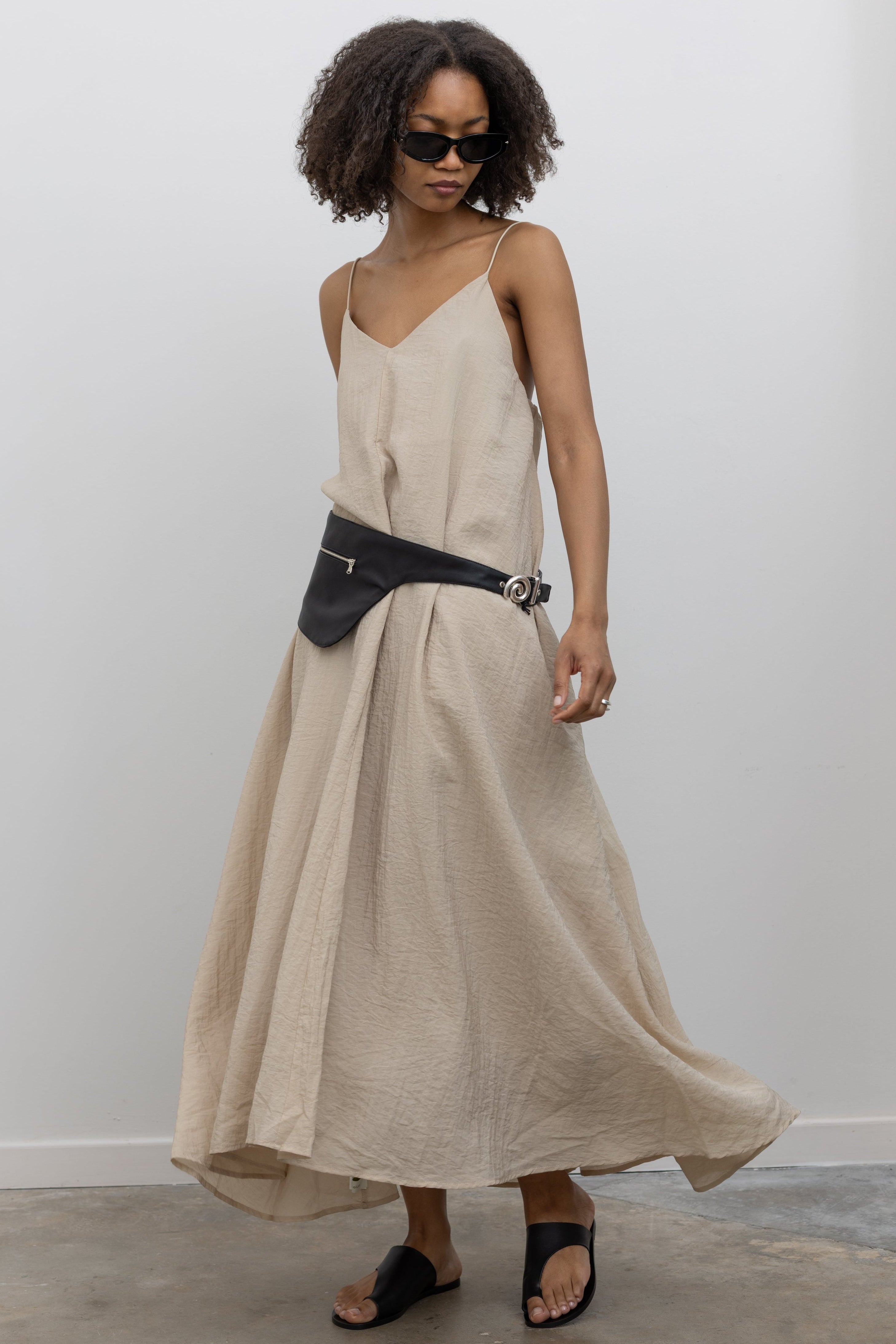 Beige V-Neck Thin Strap Dress