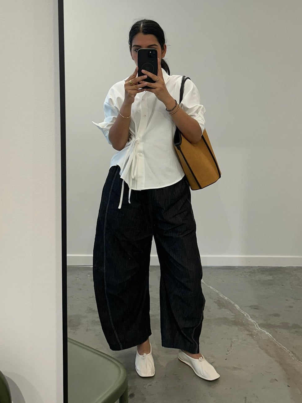 Alas Eius black contract stitch barrel jeans with white cotton side tie button down top