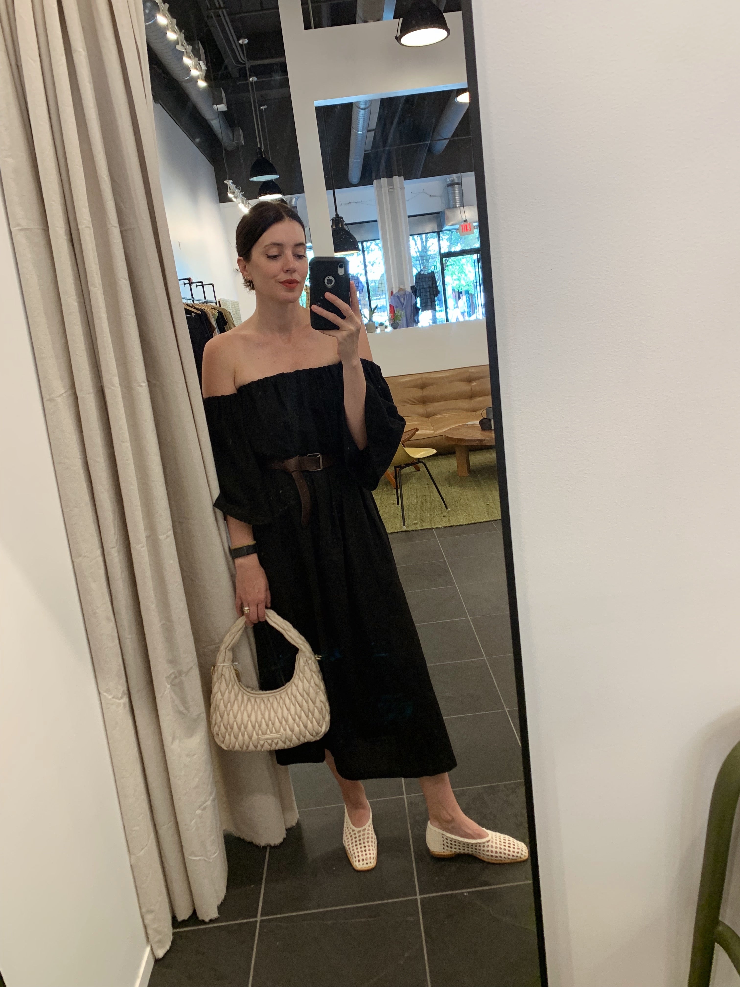 Black linen off the shoulder midi dress styled with belt