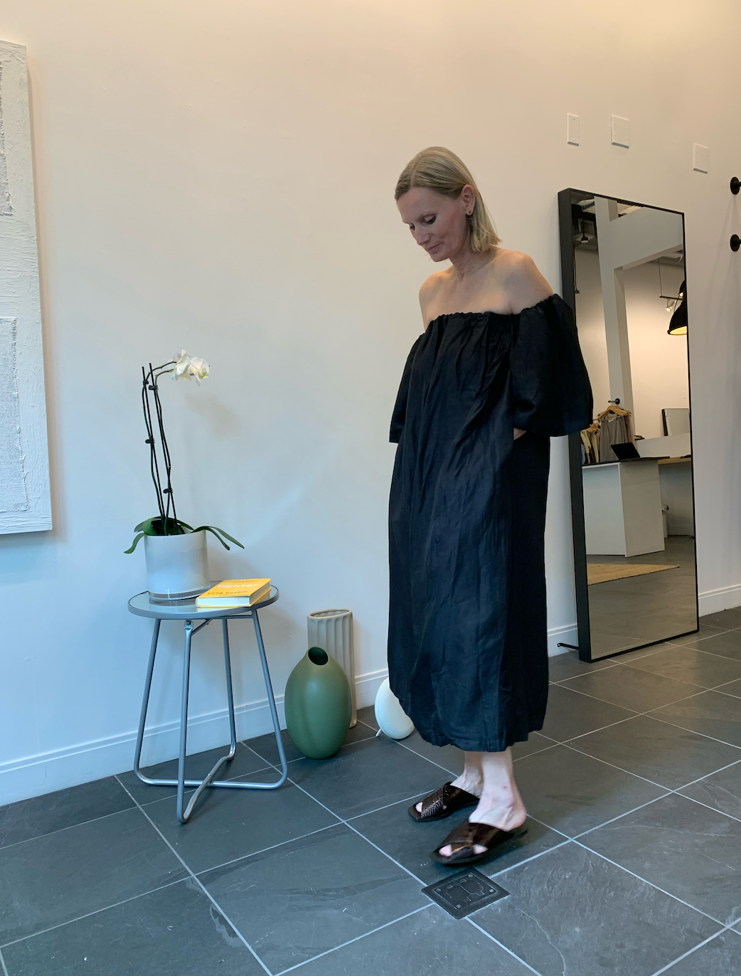 Alas Eius black linen off the shoulder midi dress