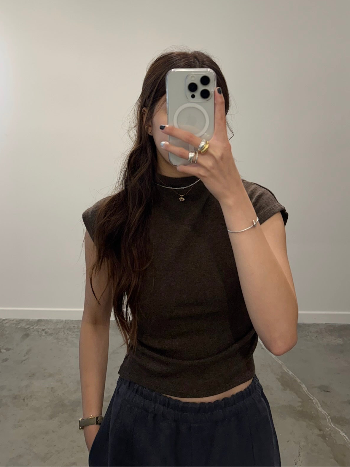 Alas Eius brown mock neck fitted knit top with fitted silhouette, front view