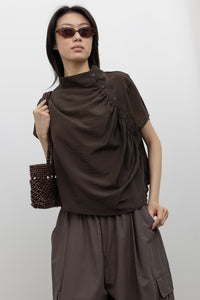Brown Organza Shirring Button Top