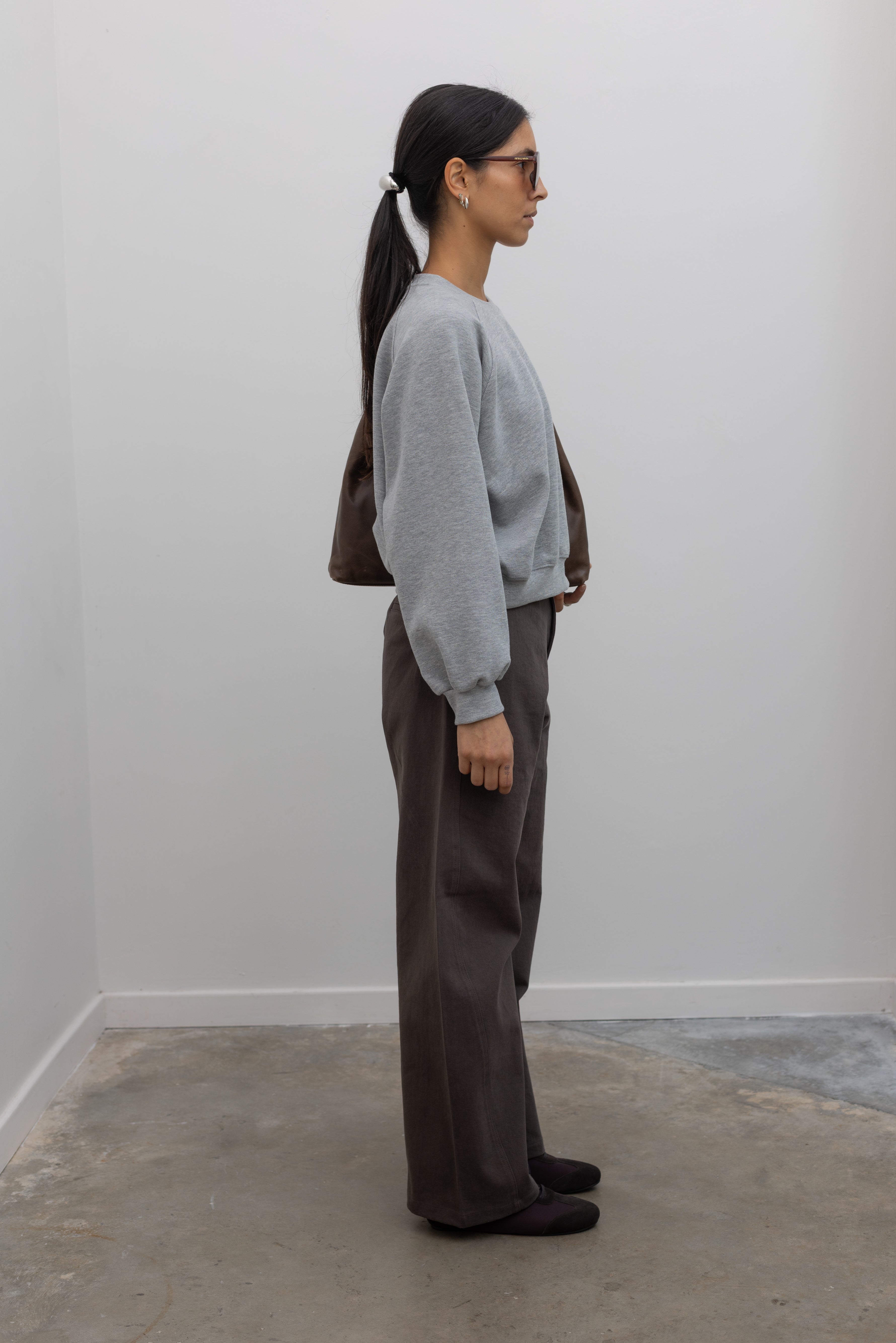 Heather gray raglan sleeve sweatshirt, side view