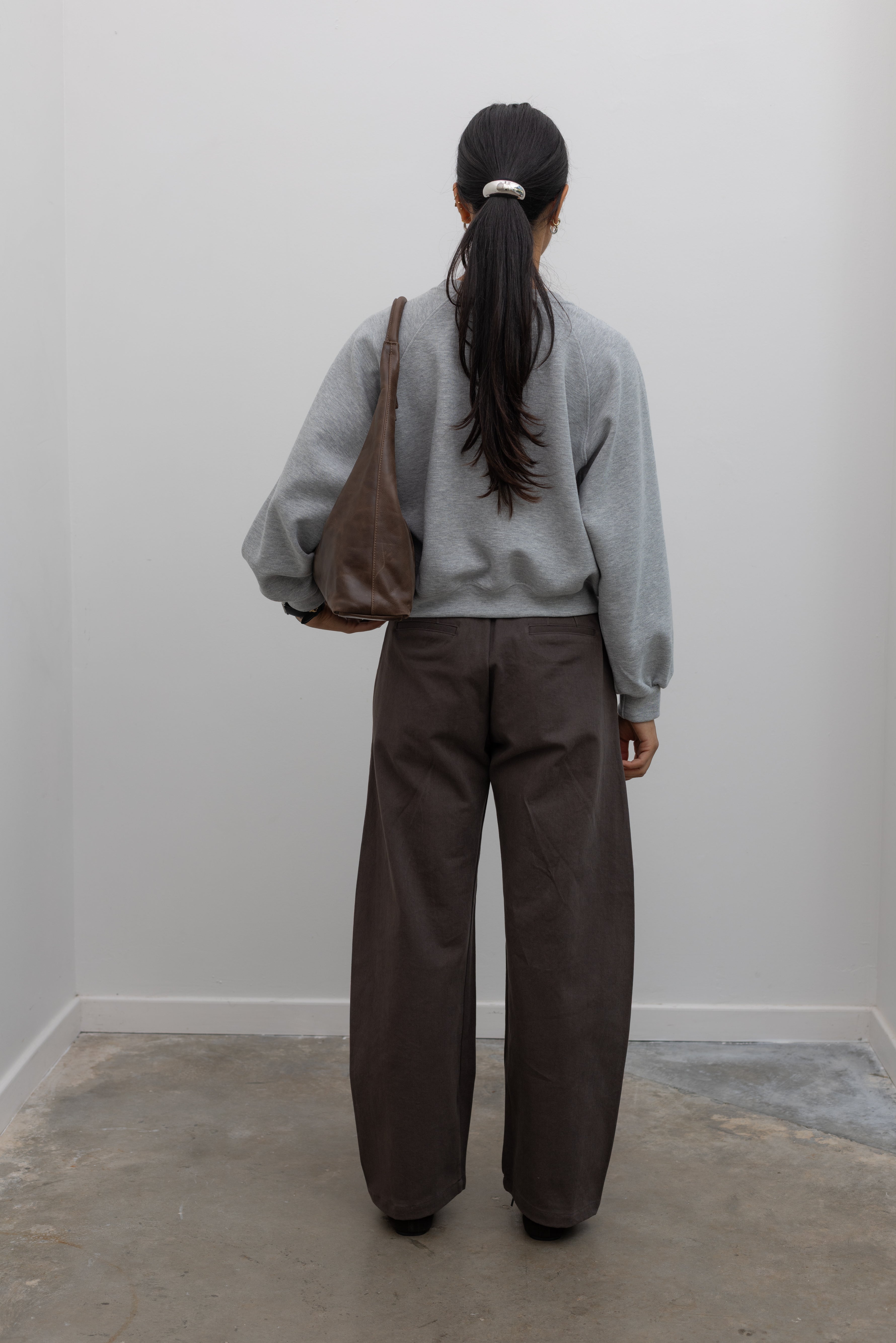 Heather gray raglan sleeve sweatshirt, back view