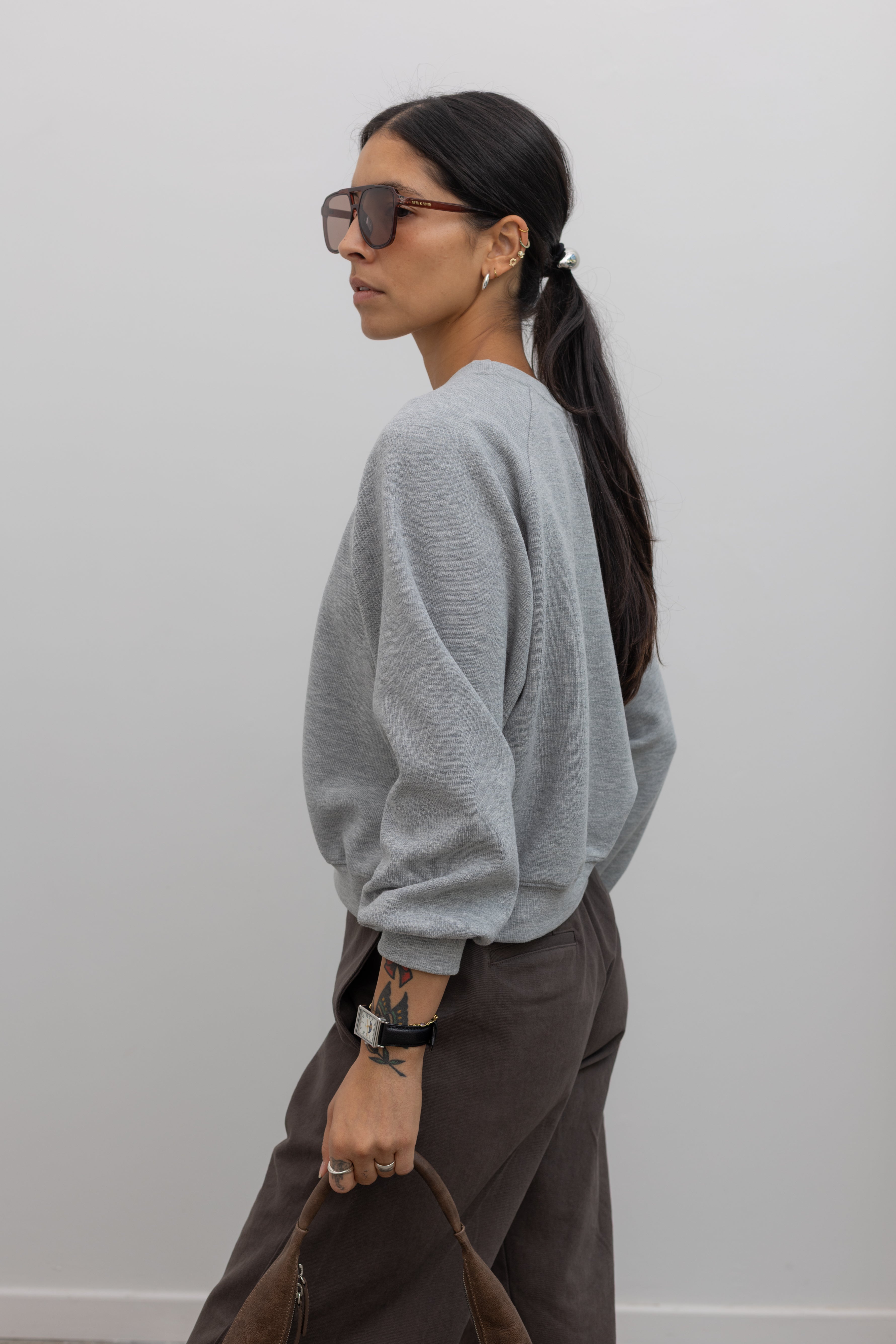 Heather gray raglan sleeve elevated essentials sweatshirt, side view