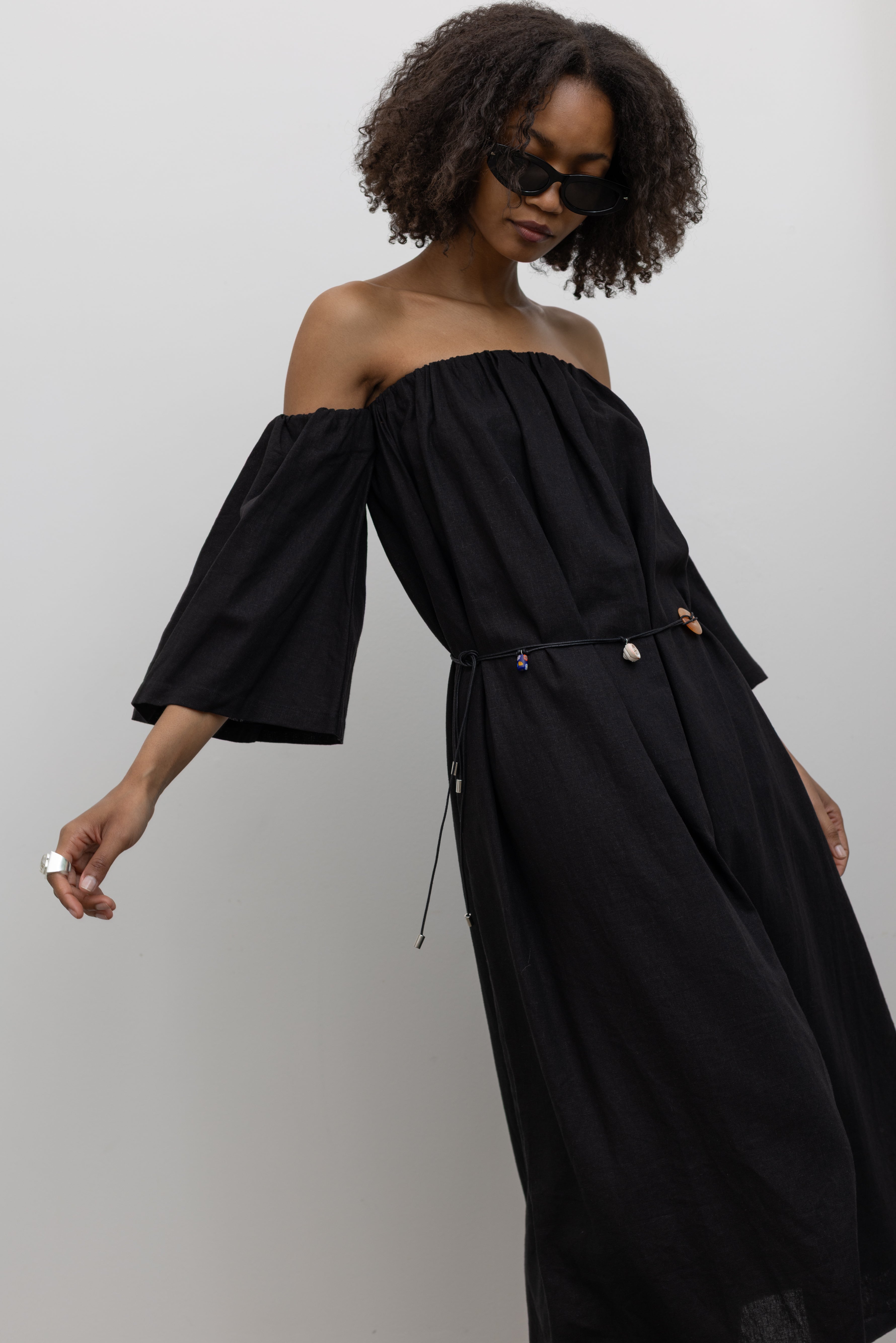 Black Linen Off The Shoulder Midi Dress Black Linen Off The Shoulder Midi Dress