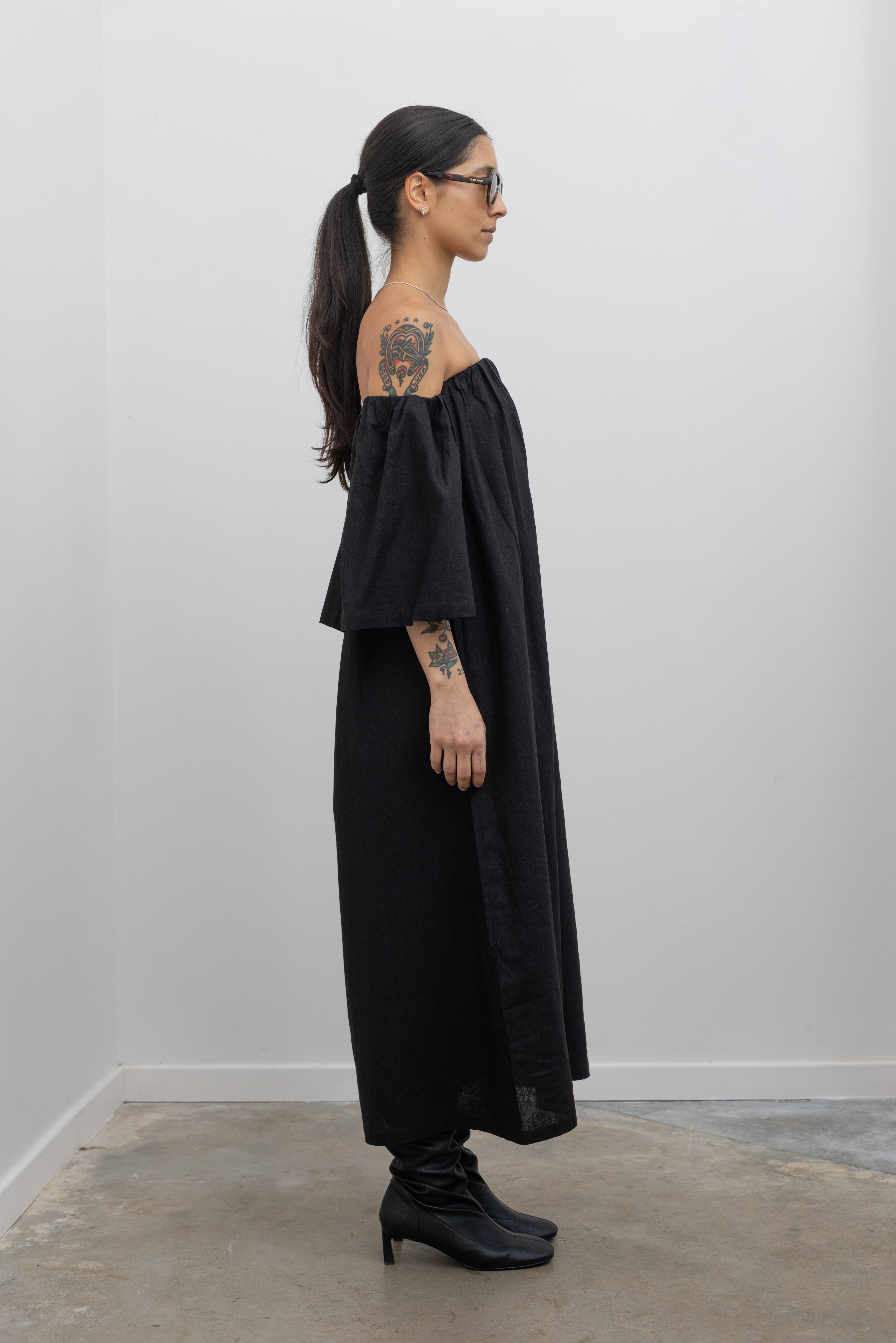 Black Linen Off The Shoulder Midi Dress Black Linen Off The Shoulder Midi Dress