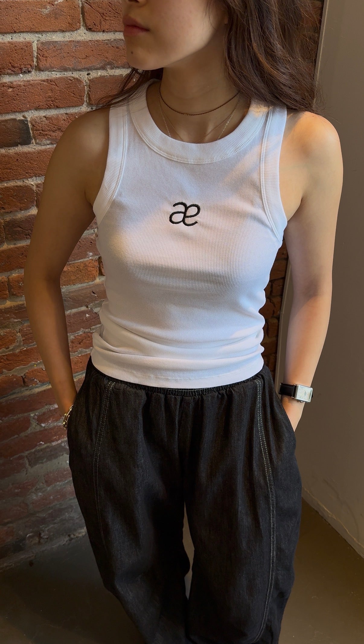 Alas Eius Label Exclusive White Classic Ribbed Cotton Tank Top with Contrasting AE logo Embroidery 