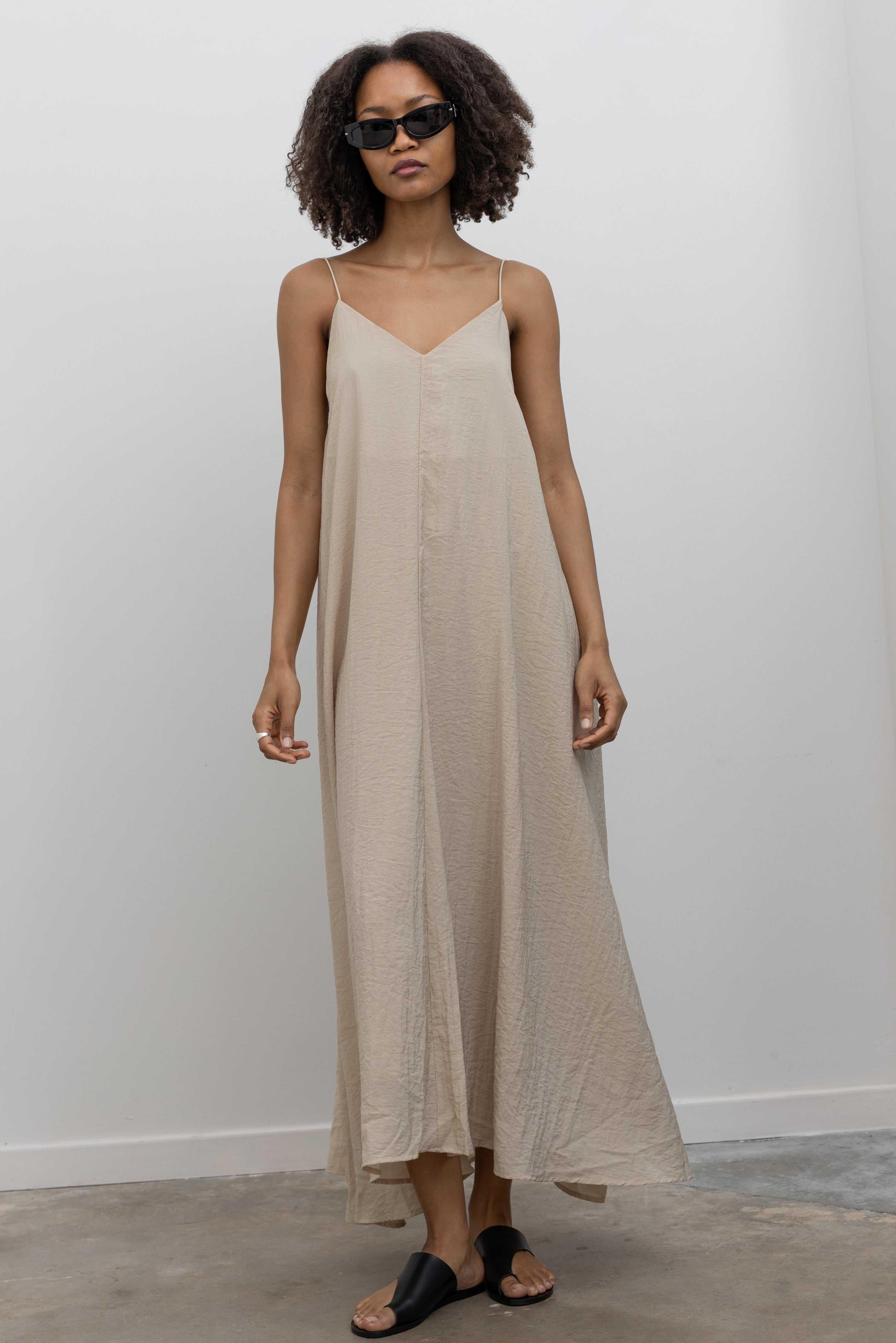 Beige V-Neck Thin Strap Dress