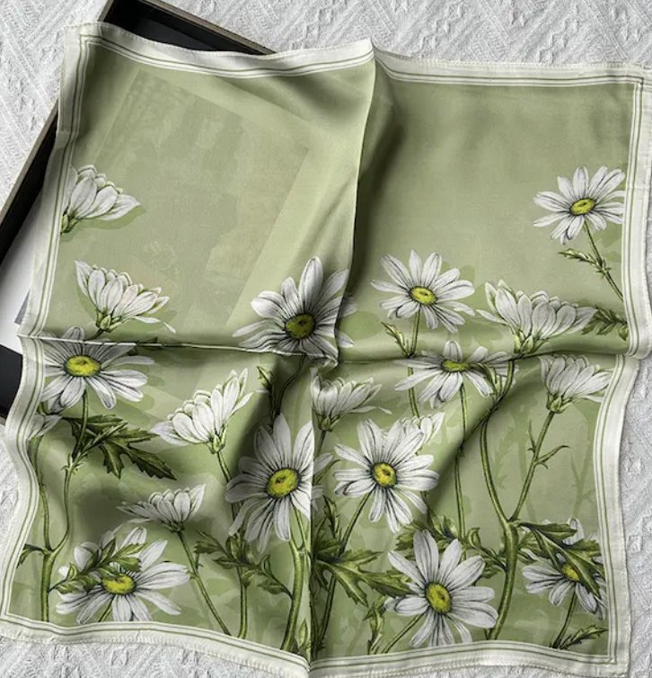 Alas Eius Label Soft Green Silk Scarf with White Daisy Flower Print