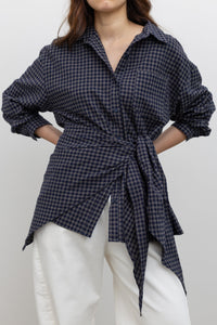 Navy And Tan Checkered Plaid Cotton Scarf Bandana Shirt