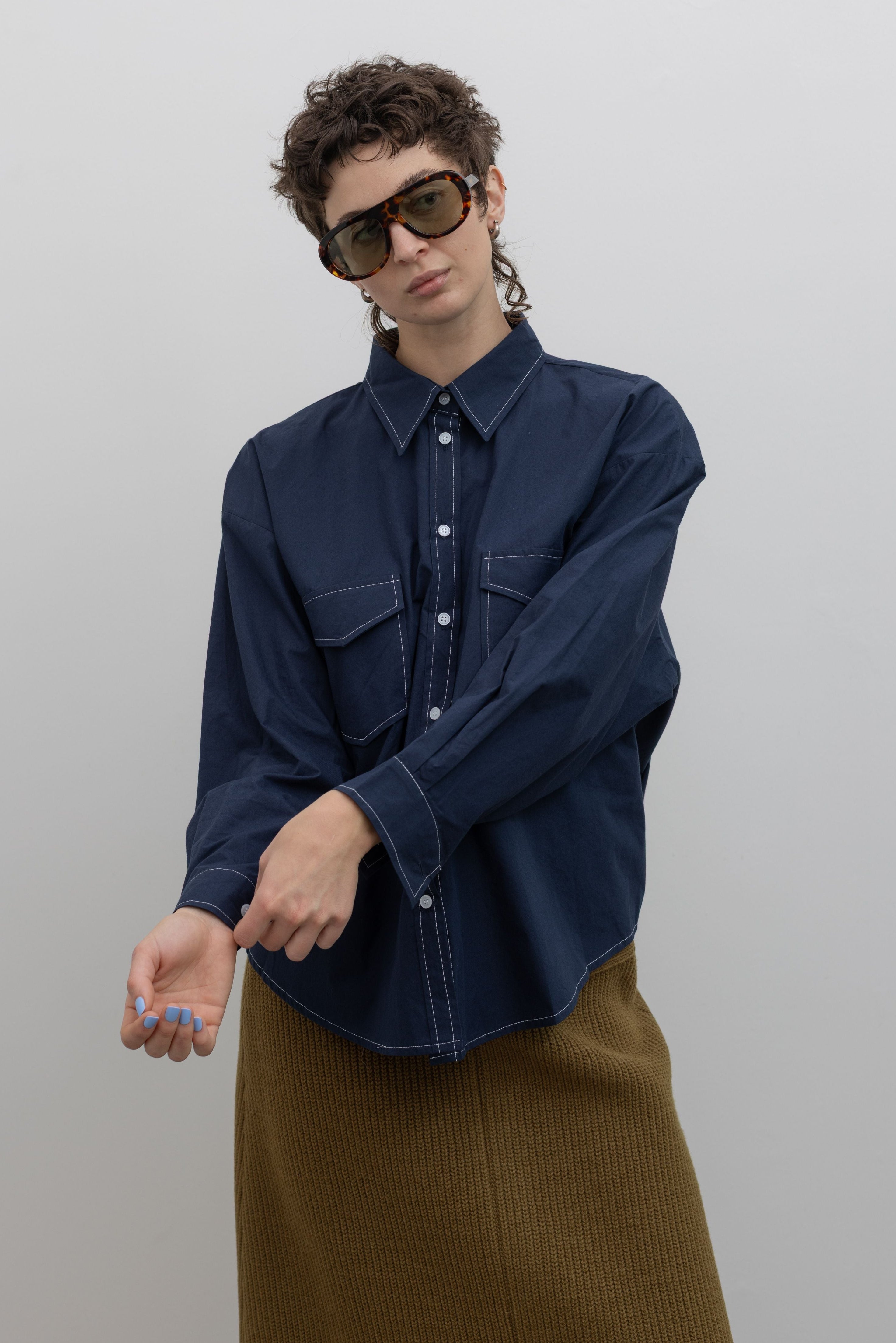 Alas Eius navy contrast stitch oversized button down shirt, front view