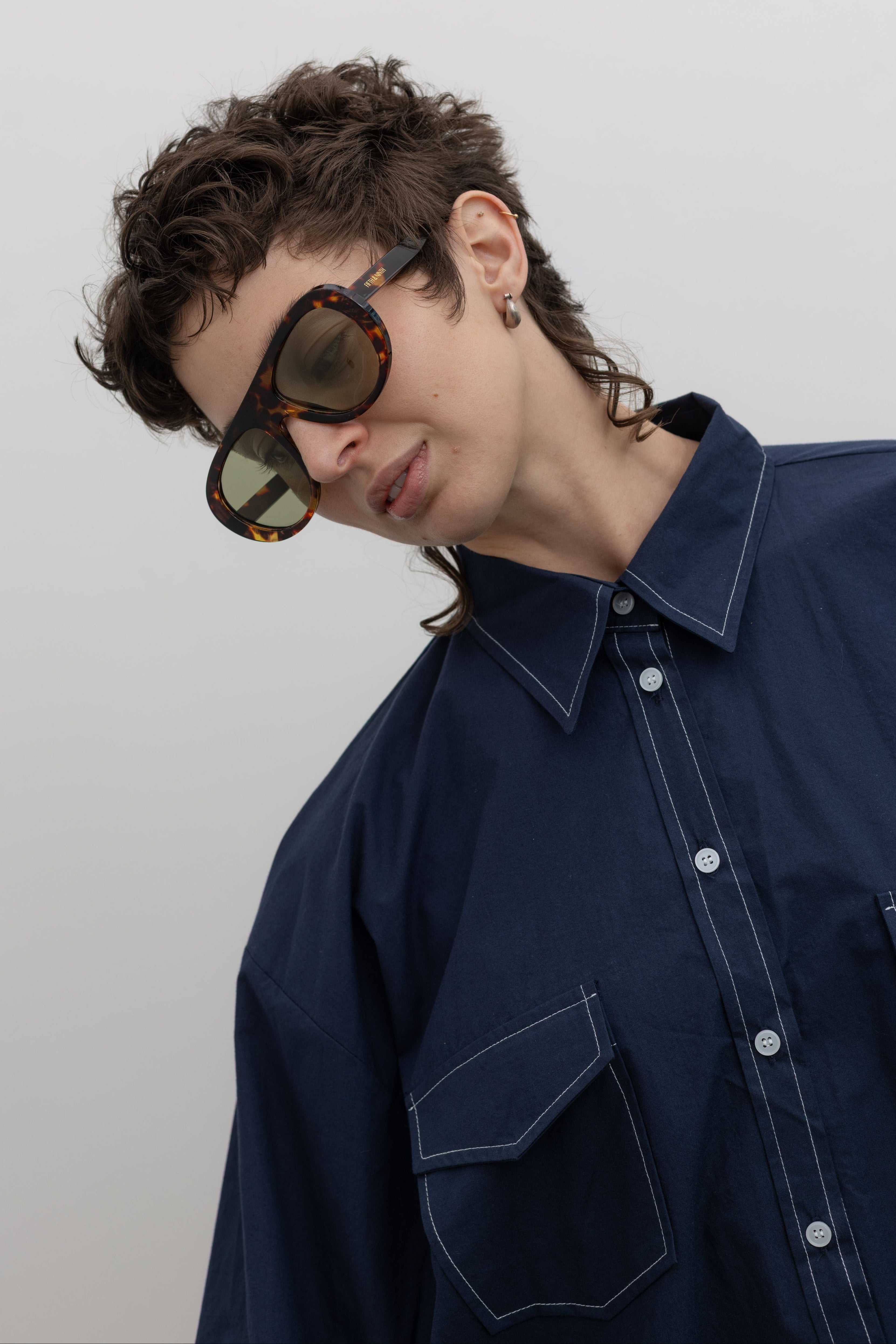 Alas Eius navy contrast stitch oversized button down shirt, contrast stitching detail