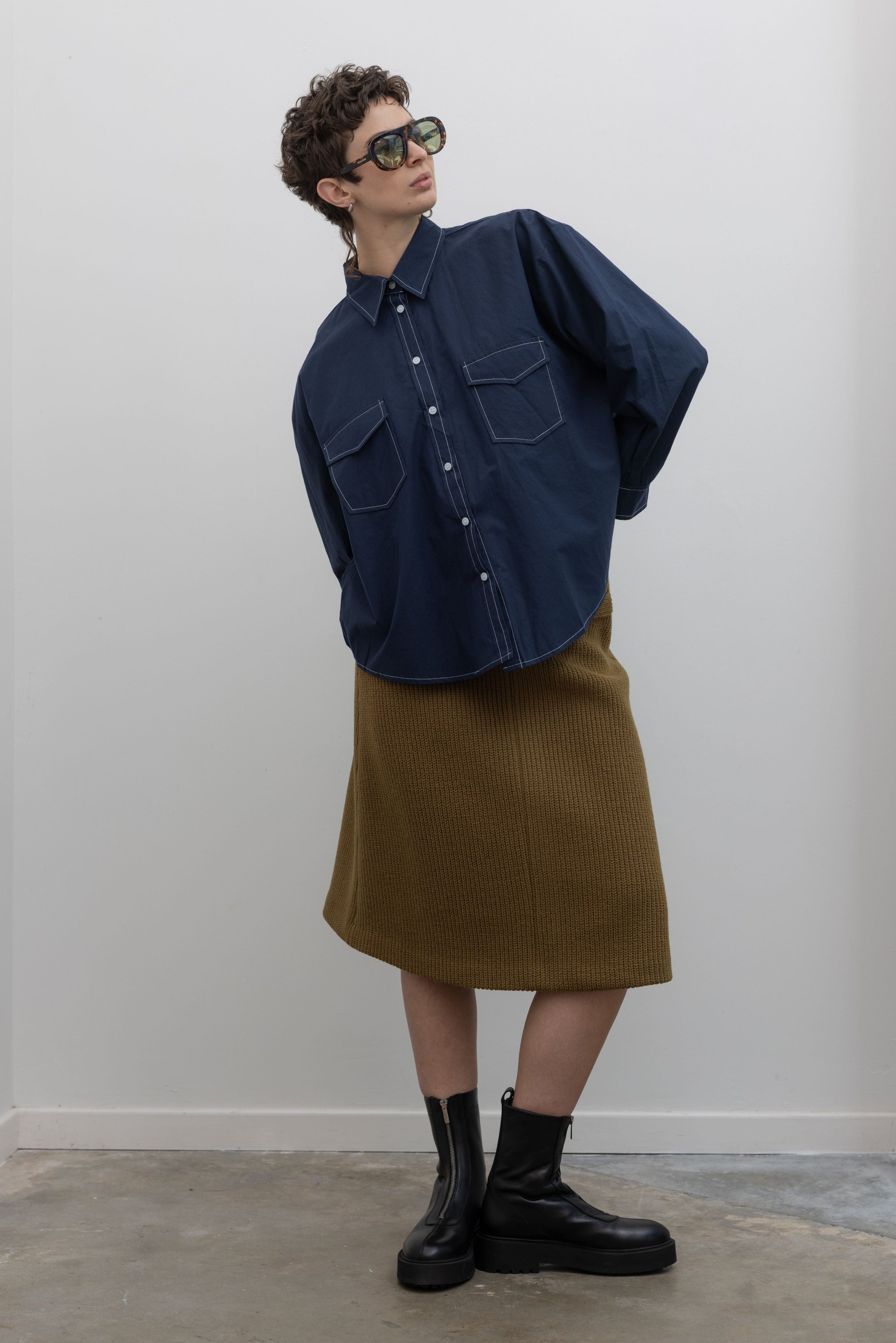 Alas Eius navy contrast stitch oversized button down shirt styled with skirt