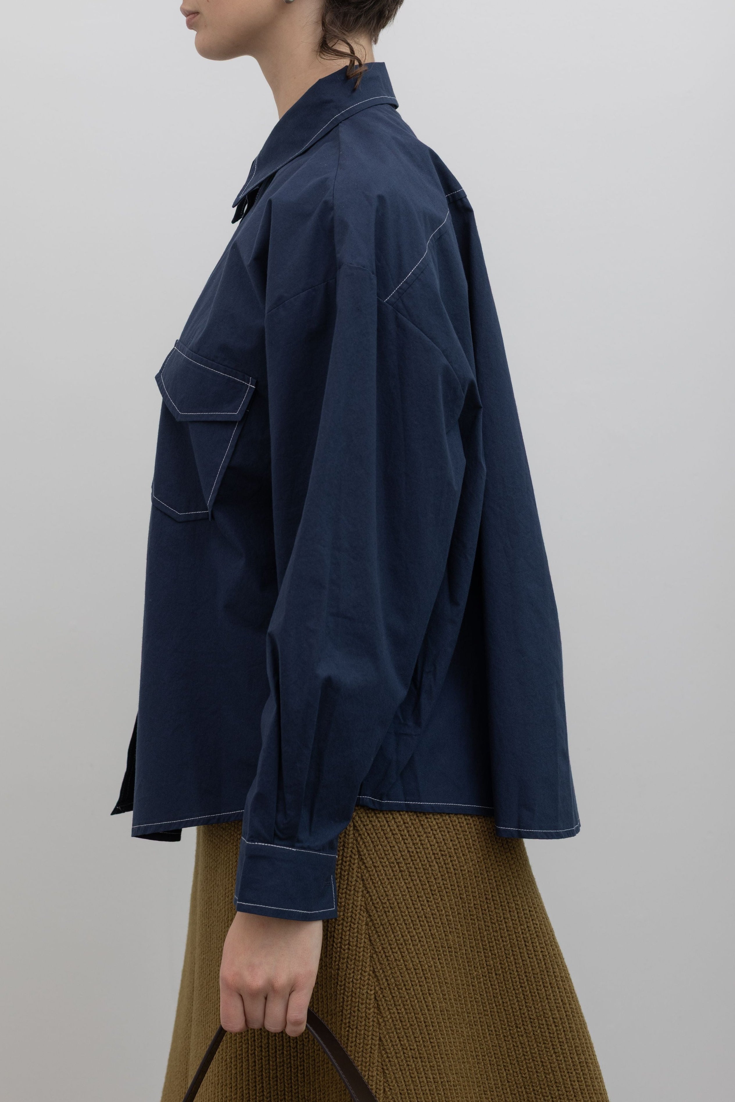 Alas Eius navy contrast stitch oversized button down shirt, side view