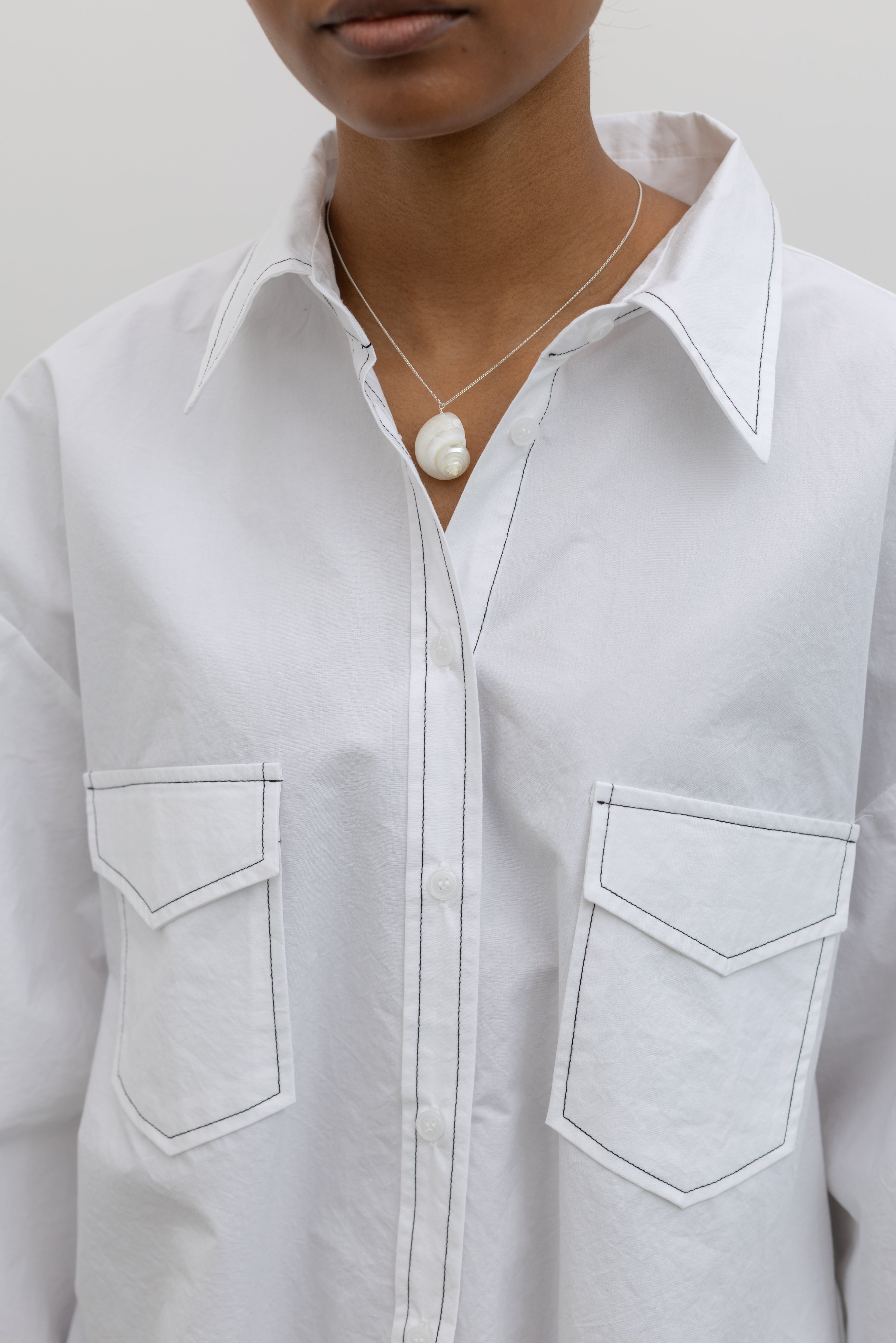 Alas Eius white contrast stitch oversized button down shirt, pocket detail