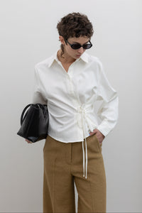 White Cotton Side Tie Button Down Top